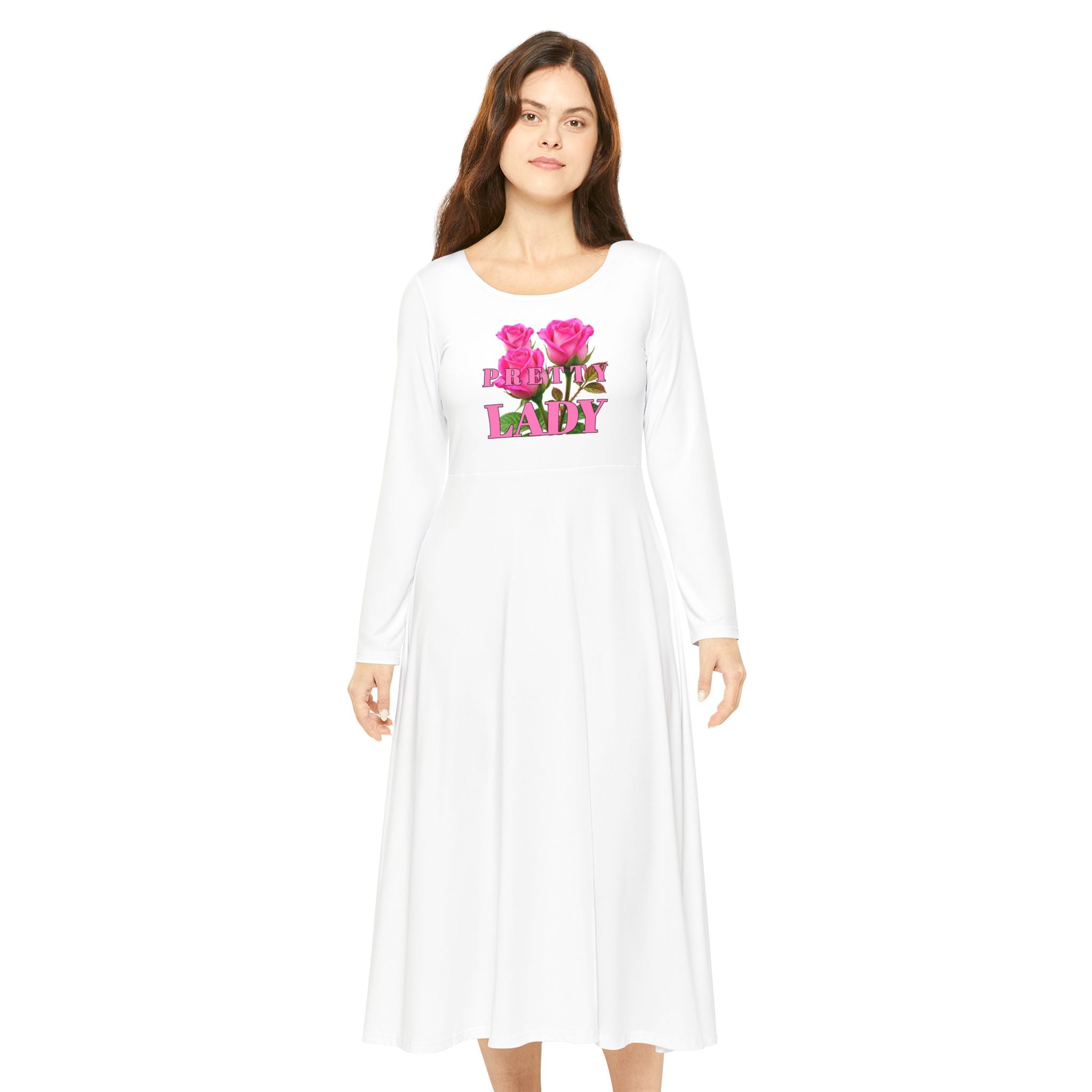 Floral 'Lady' Long Sleeve Dance Dress — Pink Rose Graphic Midi