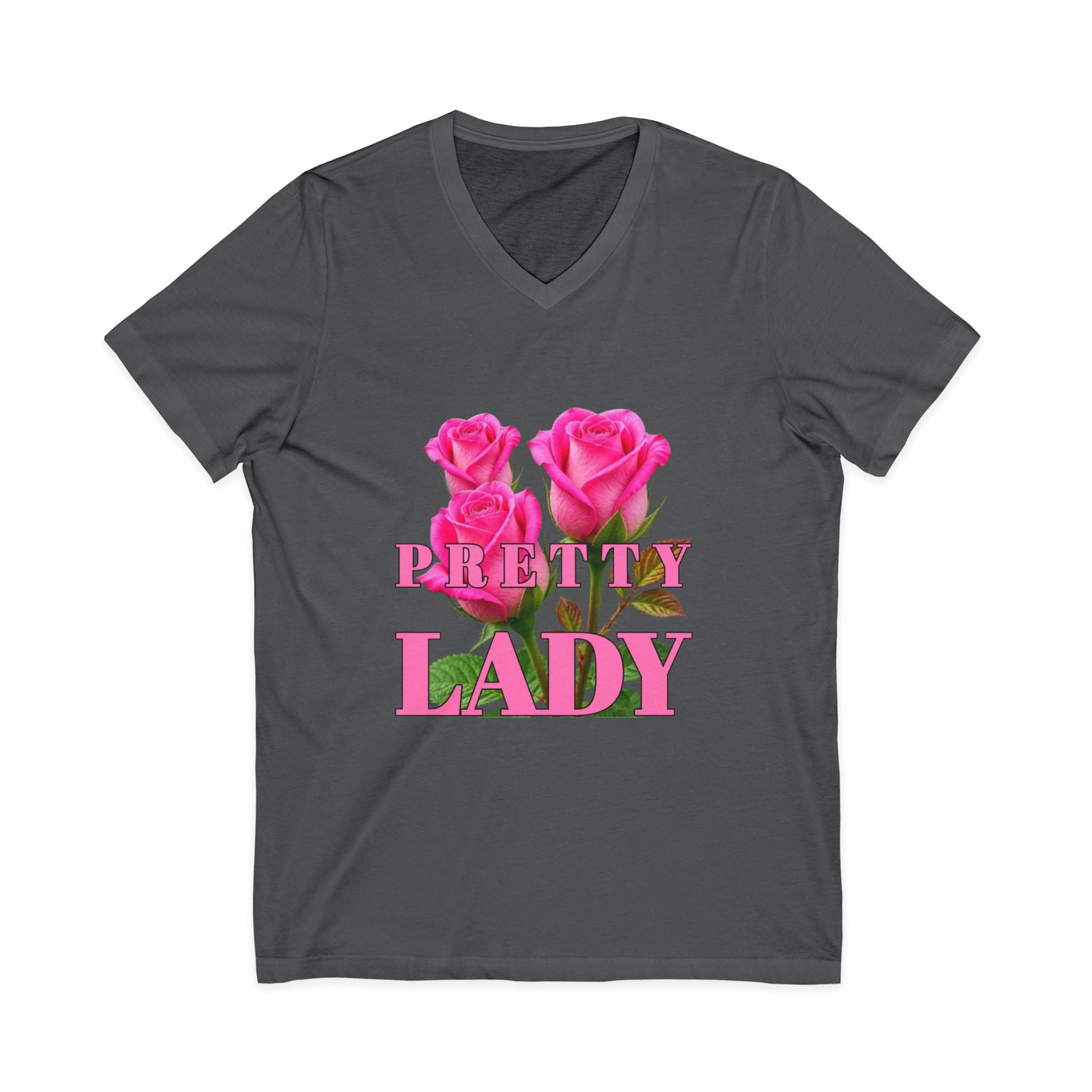 Pretty Lady V-Neck Tee — Pink Rose Floral Graphic Shirt