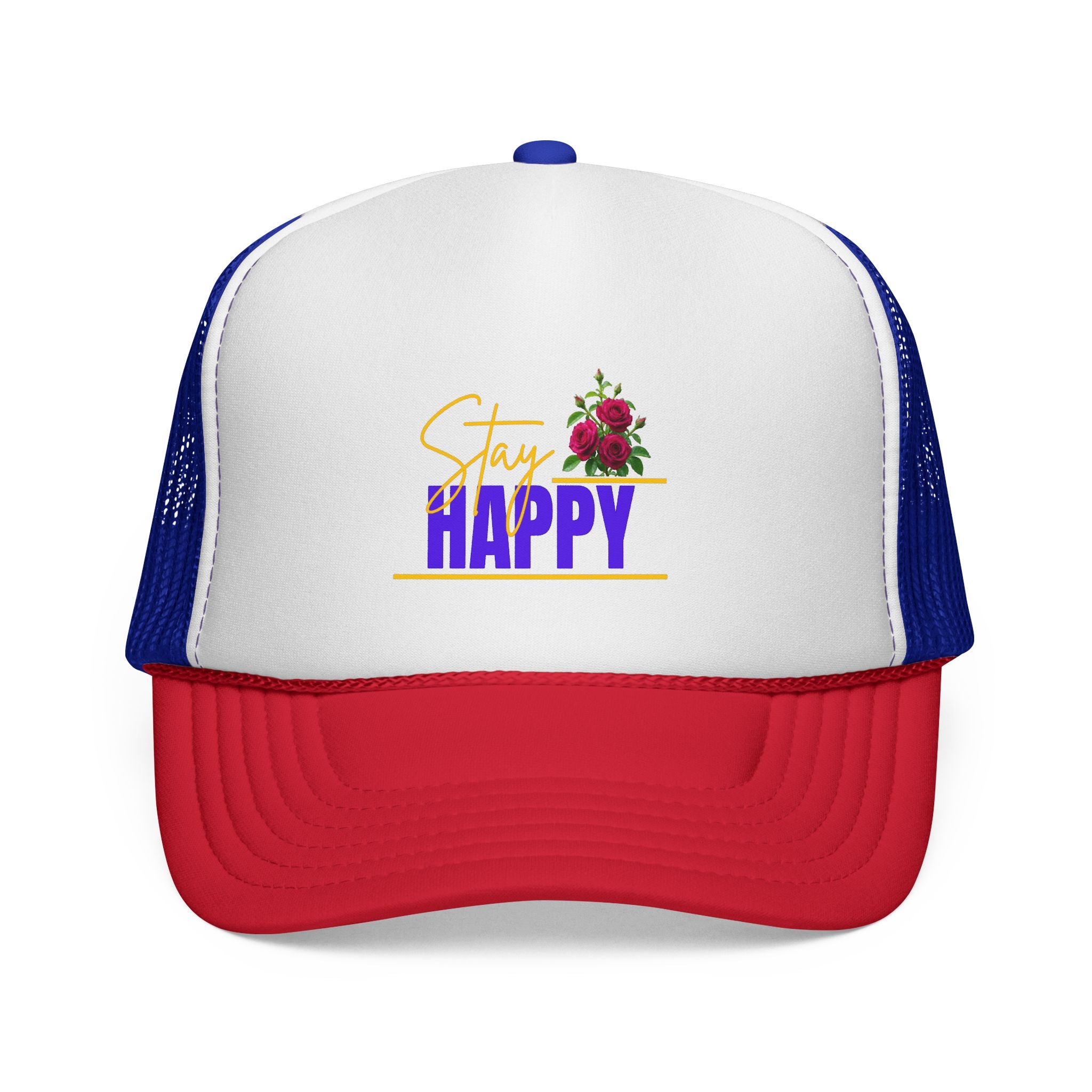Stay Happy Trucker Hat — Floral Positive Vibe Cap