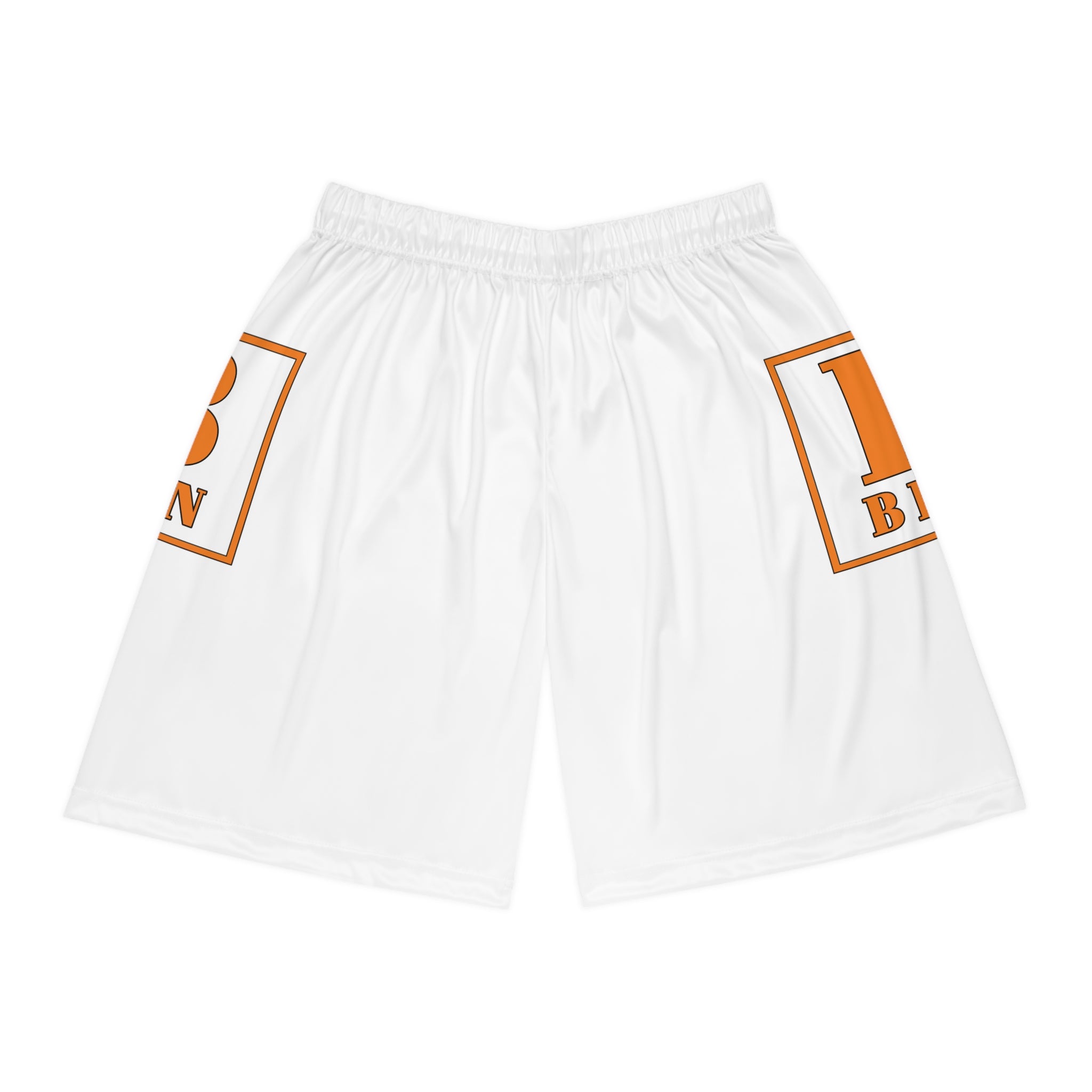 Basketball Shorts — White All-Over Print with Orange "B/Been" Side Logo