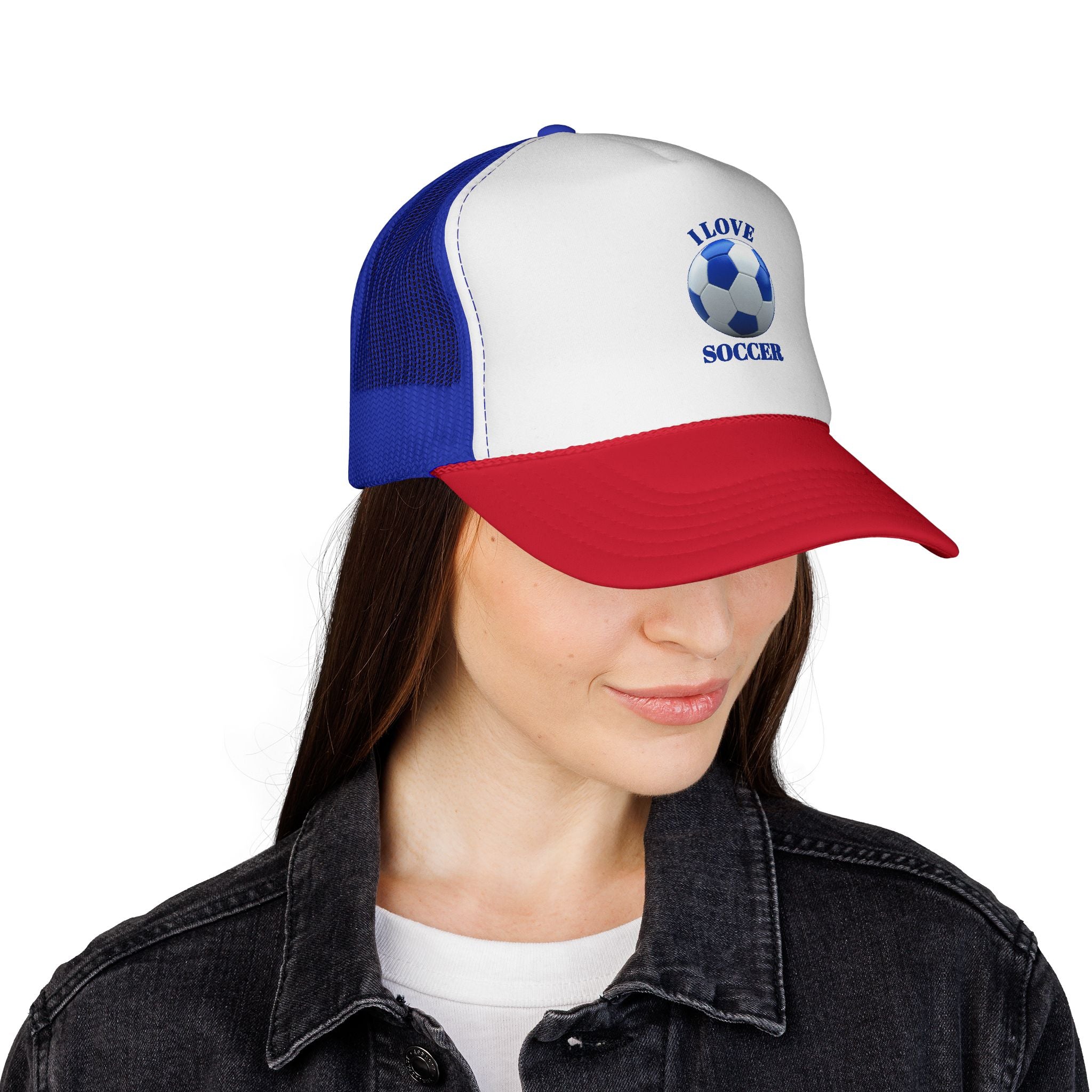 I Love Soccer Trucker Hat – Blue Soccer Ball Mesh Cap for Fans & Players