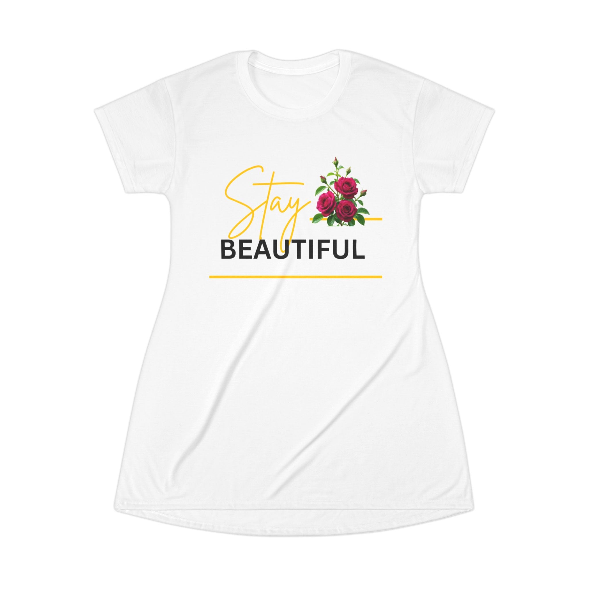 Stay Beautiful Floral T-Shirt Dress — Women’s Casual Summer Dress with Script Typography
