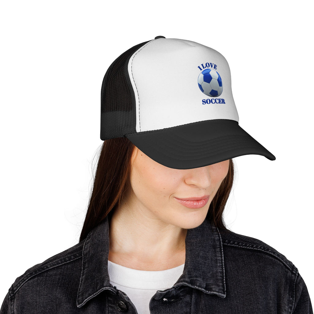 I Love Soccer Trucker Hat – Blue Soccer Ball Mesh Cap for Fans & Players