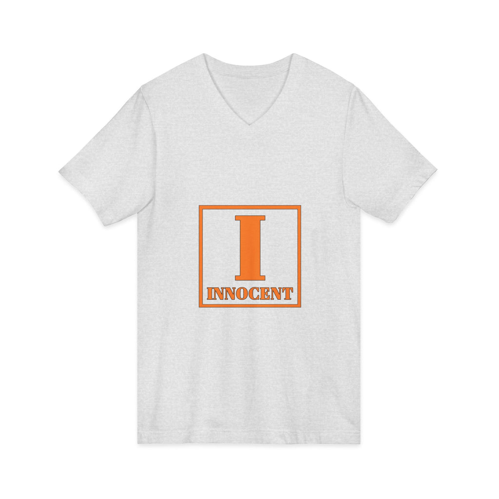 Innocent Graphic V-Neck Tee — Bold Orange 'I Innocent' Square Design