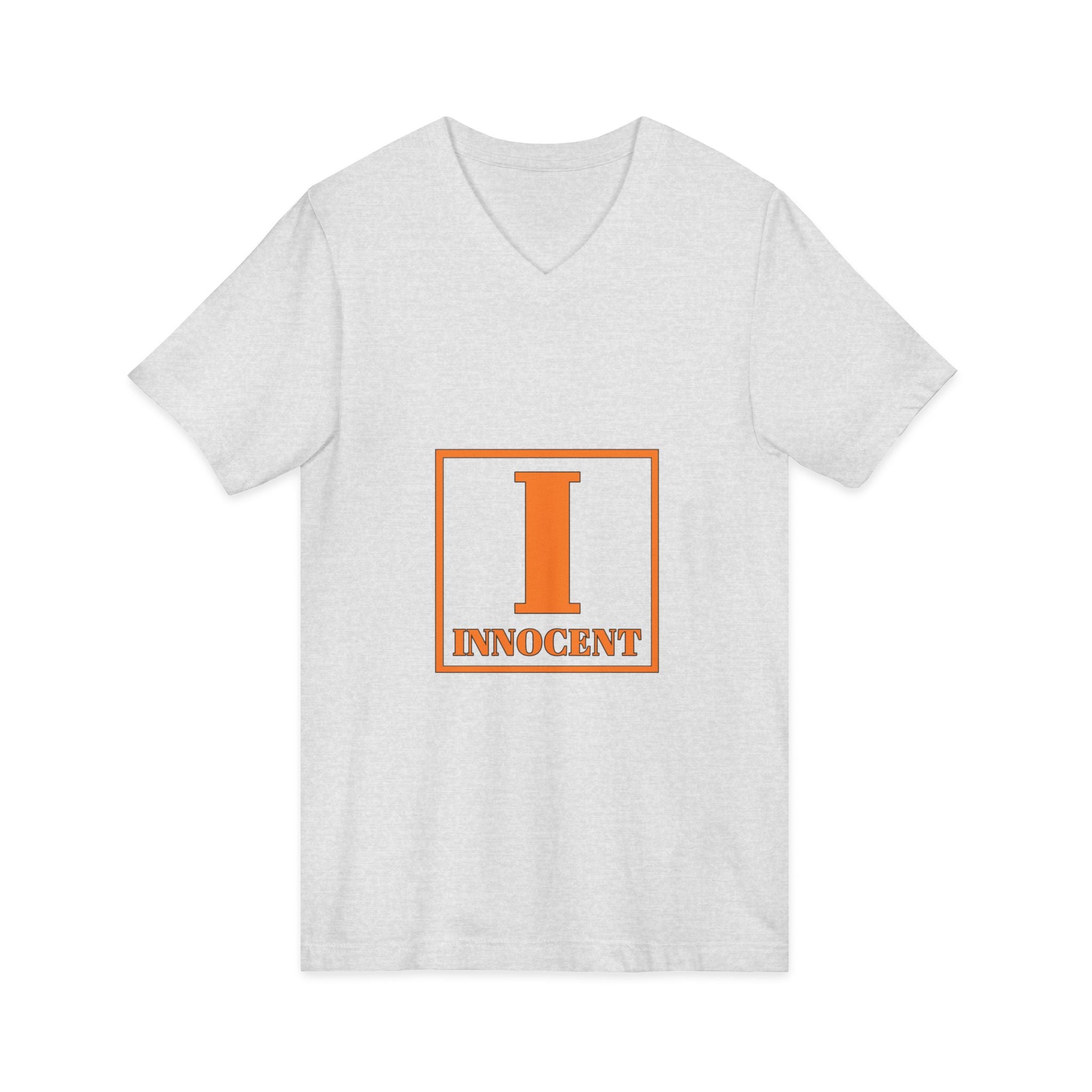 Innocent Graphic V-Neck Tee — Bold Orange 'I Innocent' Square Design