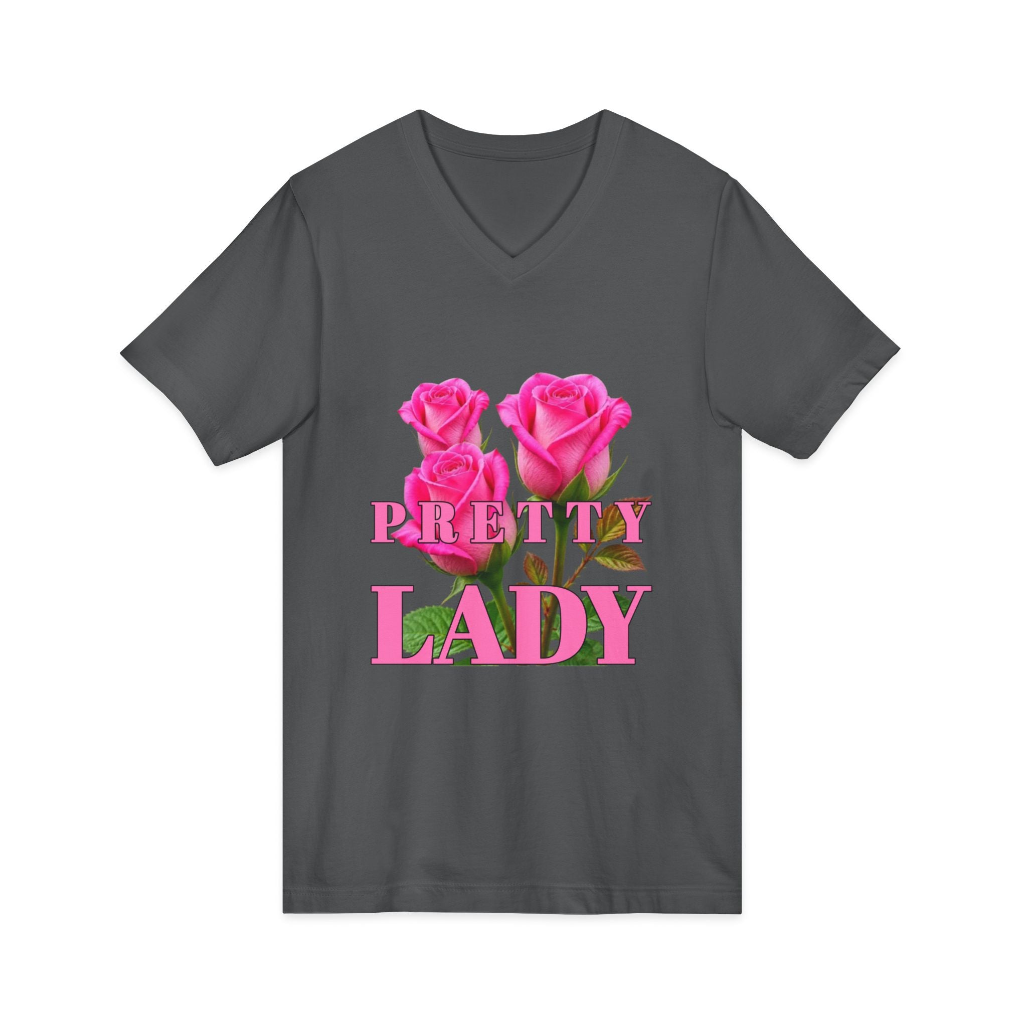 Pretty Lady V-Neck Tee — Pink Rose Floral Graphic Shirt