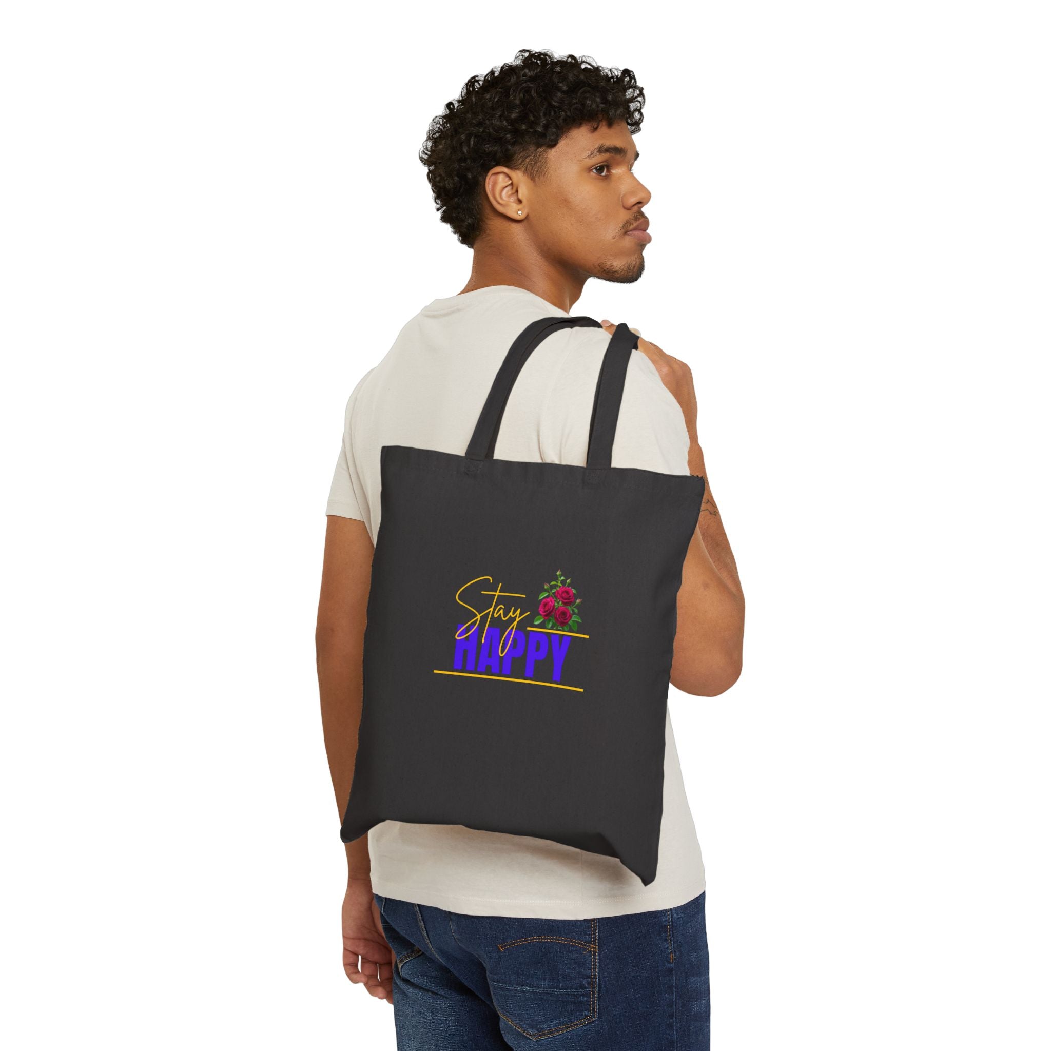 Happy Floral Tote Bag — 'Simply Happy' Cotton Canvas Shopper
