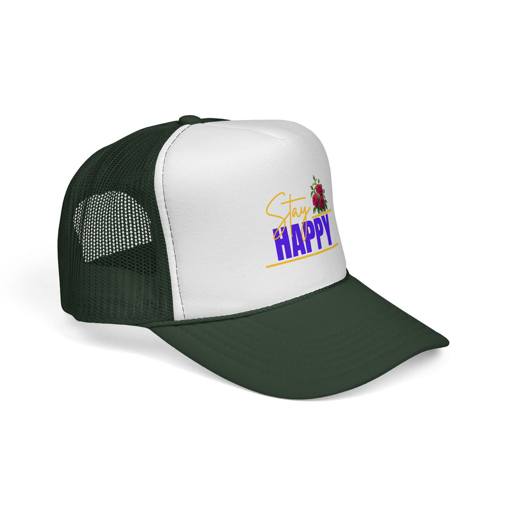 Stay Happy Trucker Hat — Floral Positive Vibe Cap