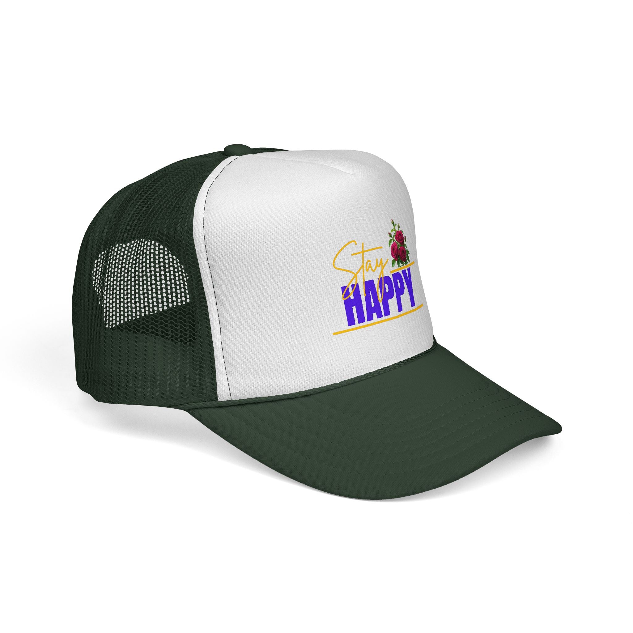 Stay Happy Trucker Hat — Floral Positive Vibe Cap