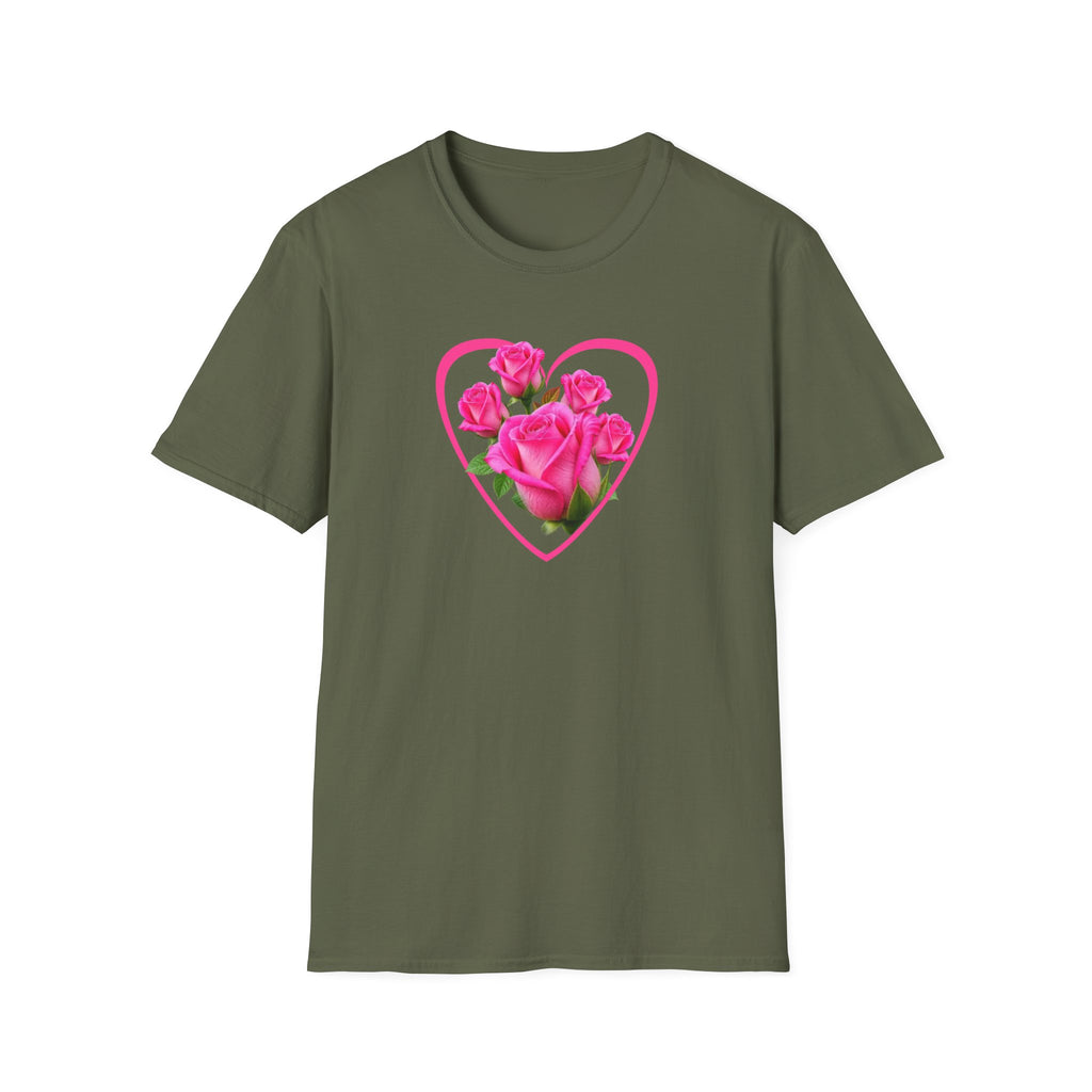 T-Shirt — Pink Rose Heart Floral Tee (Valentine’s Day, Romantic Gift)