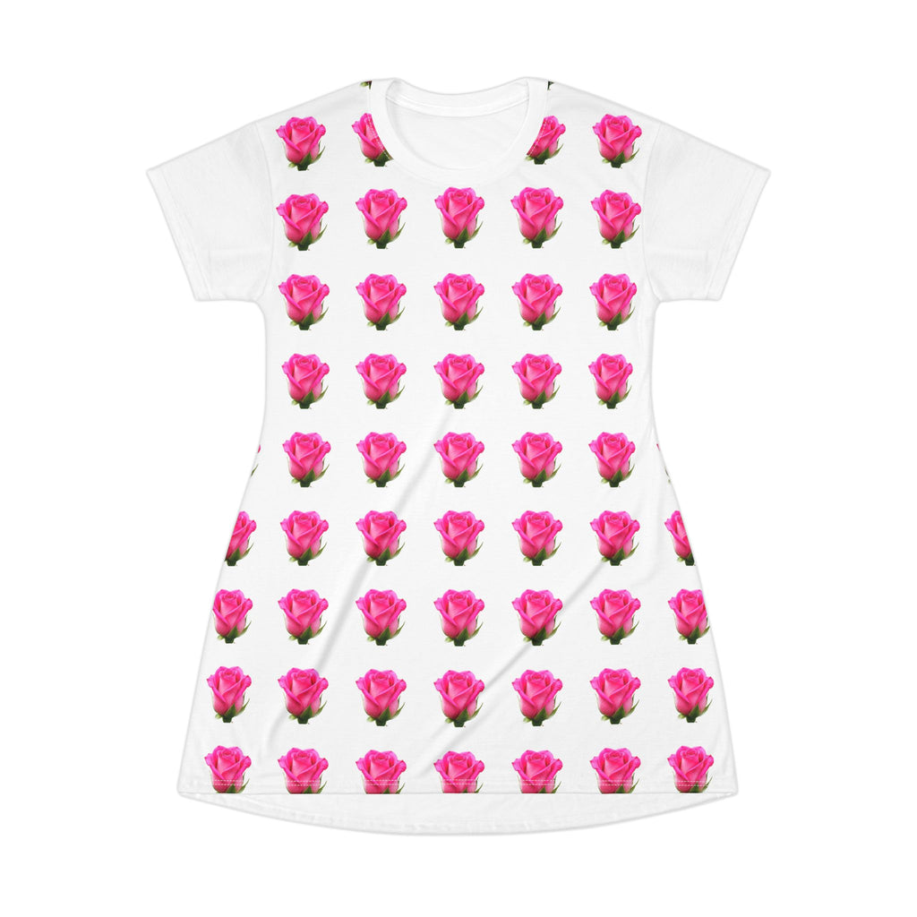 Pink Rose All-Over Print T‑Shirt Dress — Floral Pattern Summer Dress