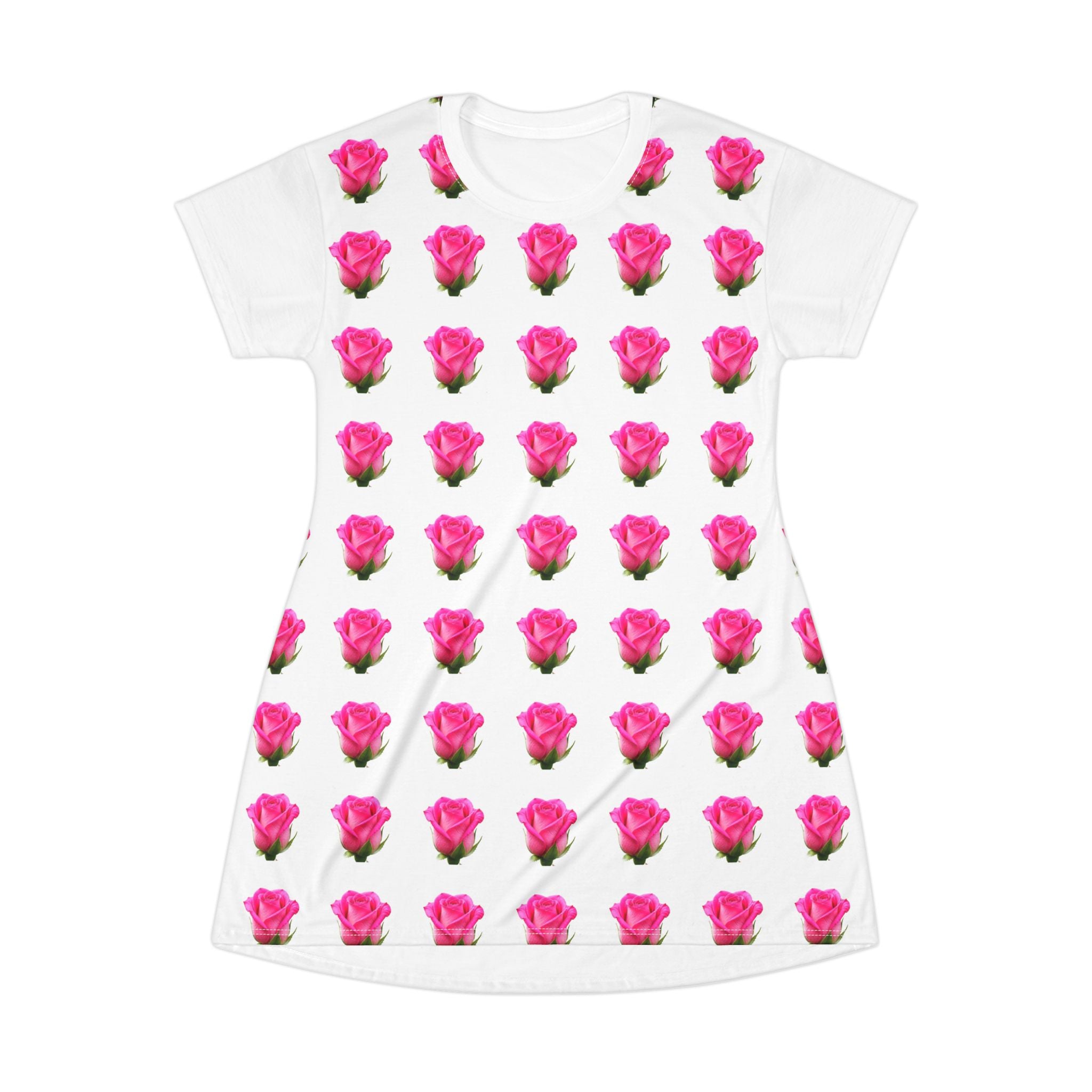 Pink Rose All-Over Print T‑Shirt Dress — Floral Pattern Summer Dress