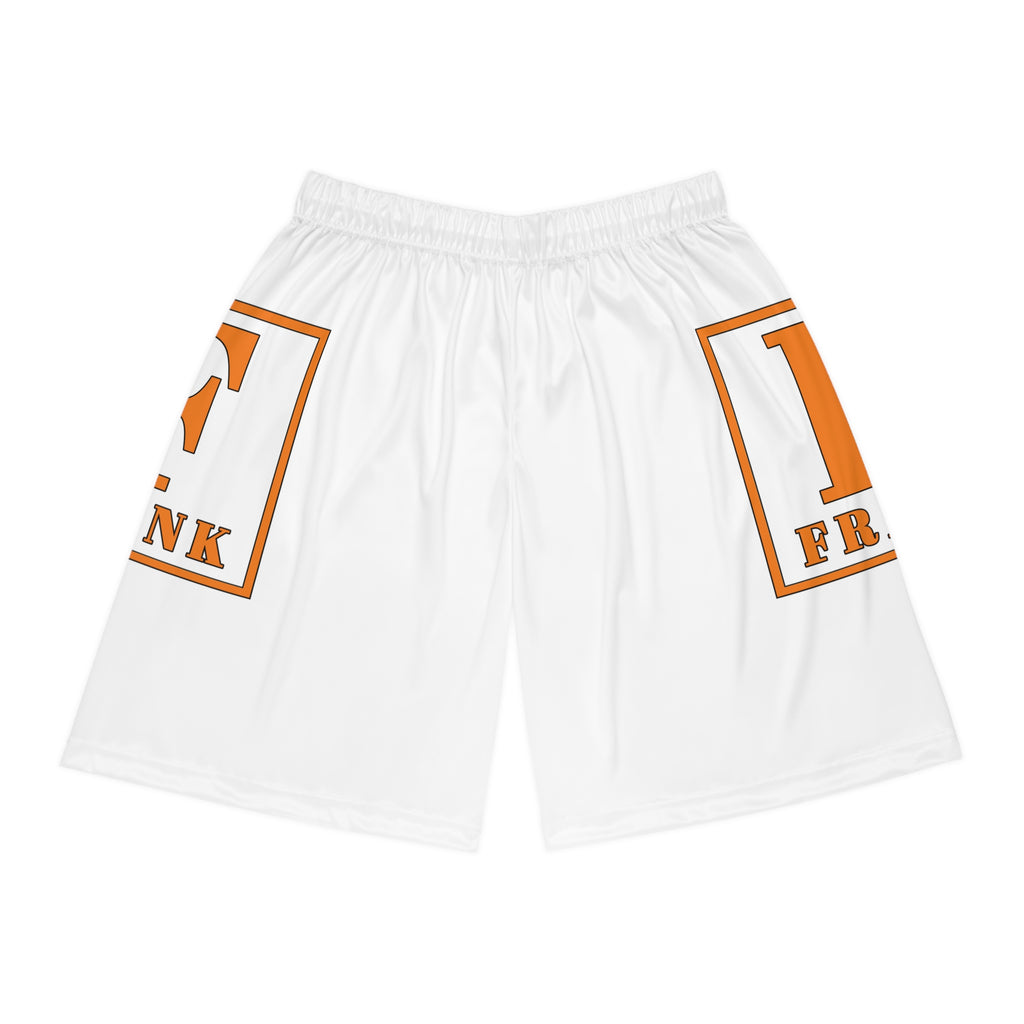 Basketball Shorts — White All-Over-Print with Orange 'F' Frame Logo