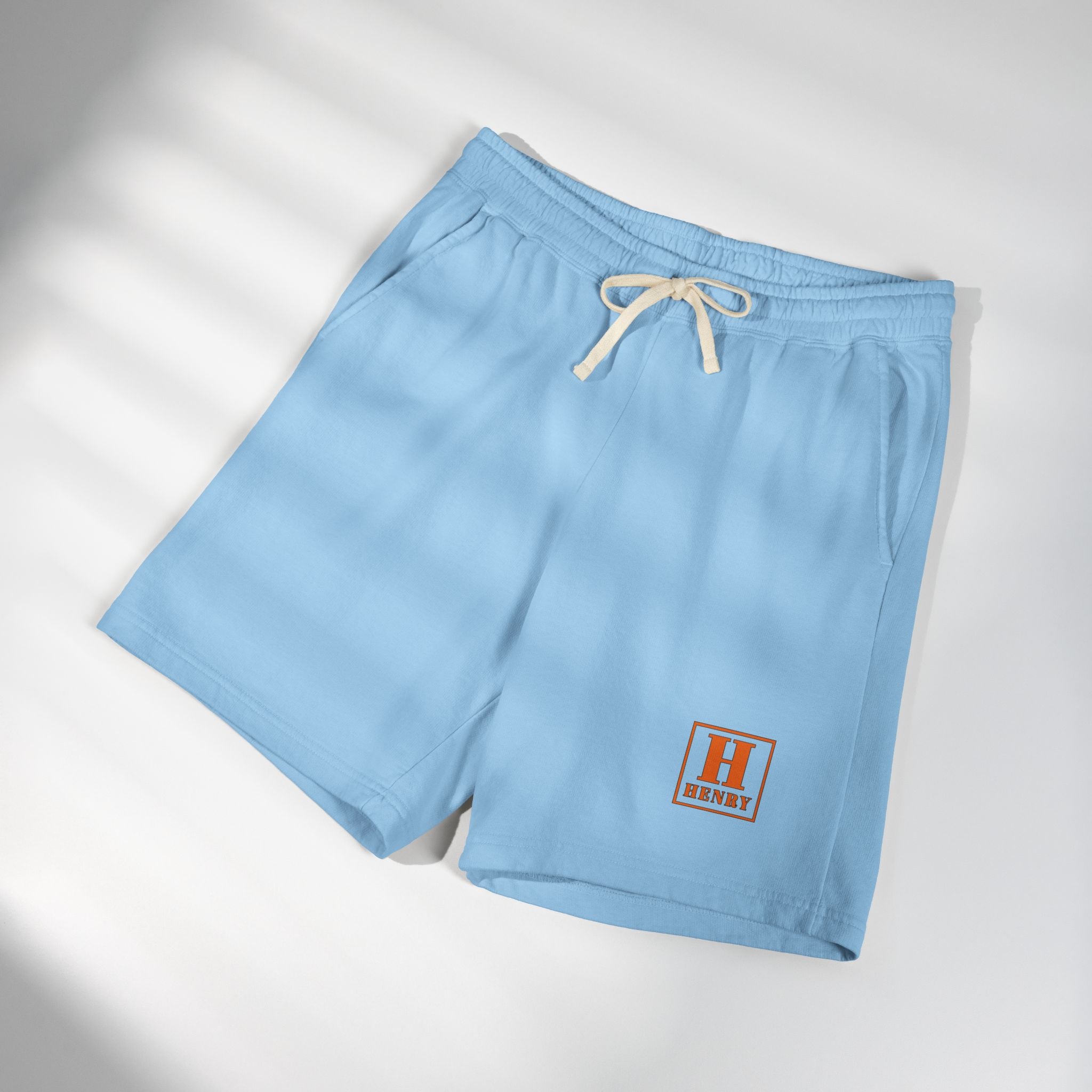 Lightweight Garment-Dyed Fleece Sweat Shorts — Cream Casual Lounge Shorts with 'HENRY' Patch
