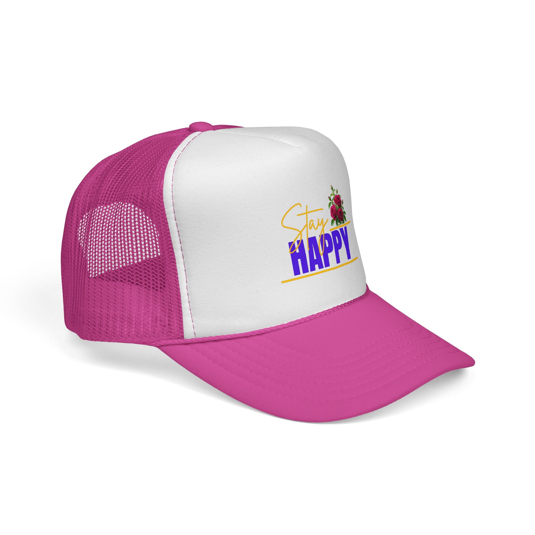 Stay Happy Trucker Hat — Floral Positive Vibe Cap