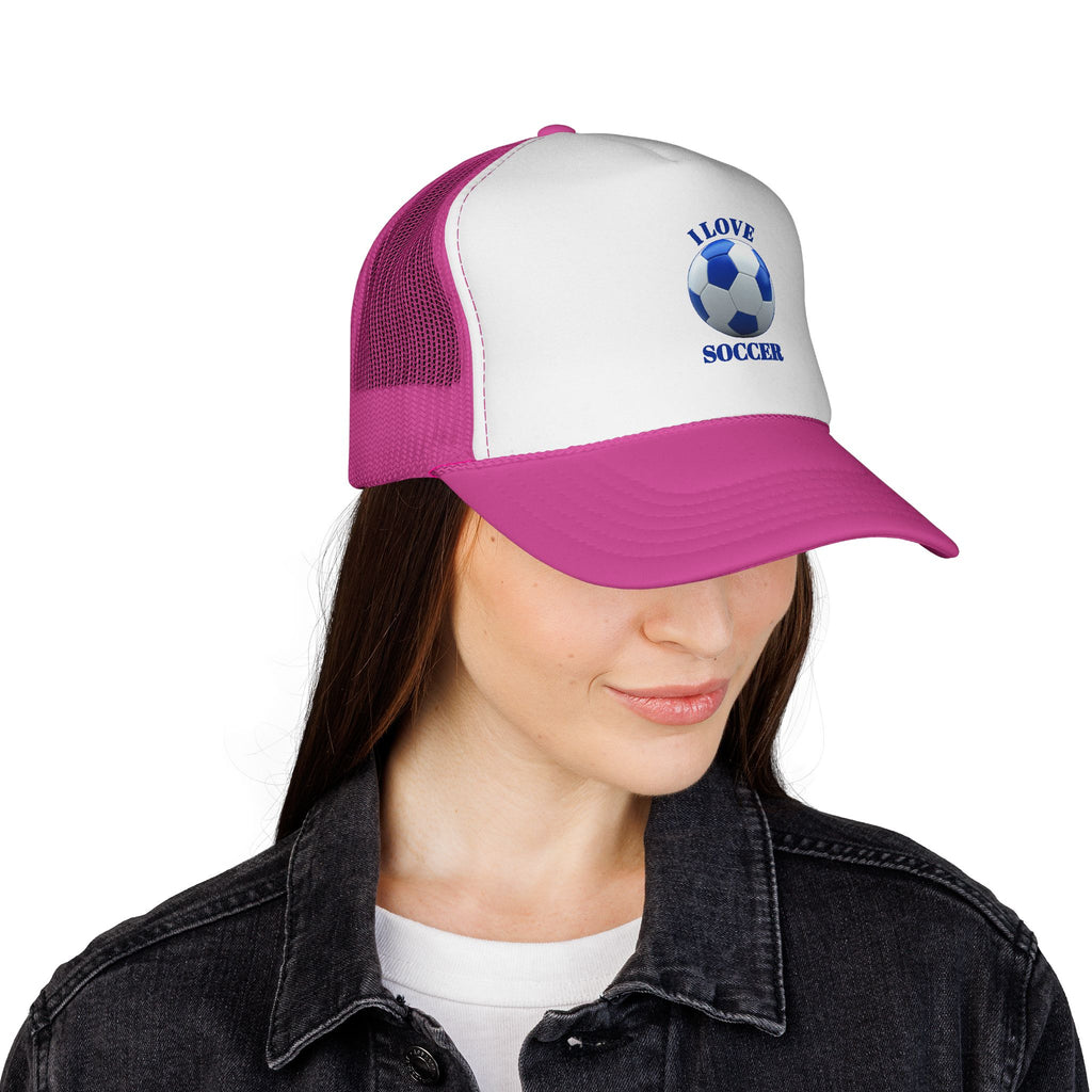 I Love Soccer Trucker Hat – Blue Soccer Ball Mesh Cap for Fans & Players