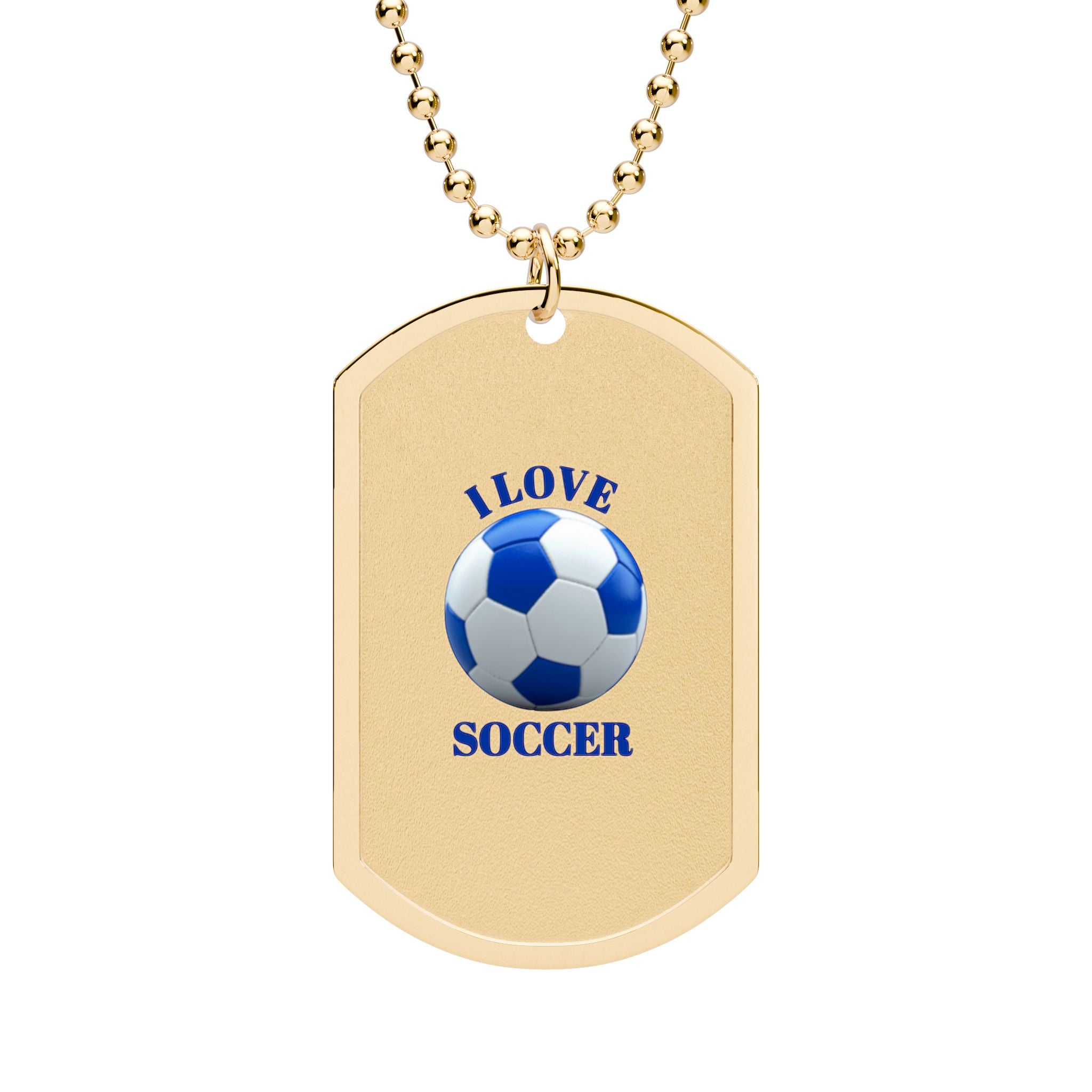 Soccer Dog Tag Necklace - "I Love Soccer" Gold Sports Pendant