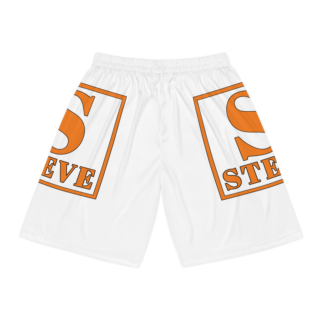 Basketball Shorts — White AOP with Orange 'S STEVE' Retro Logo