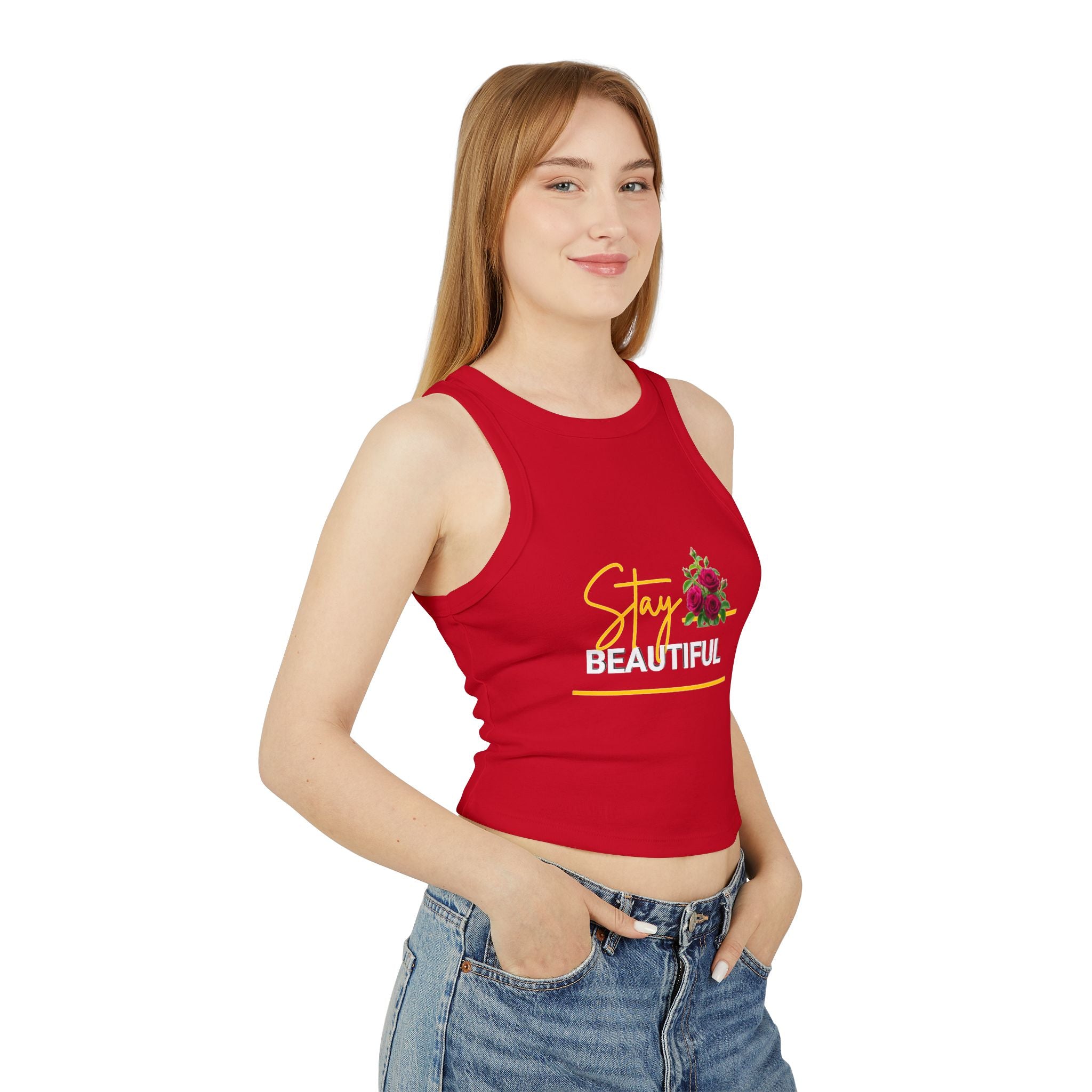 Stay Beautiful Floral Racer Tank Top — Women’s Cropped Micro Rib Tank