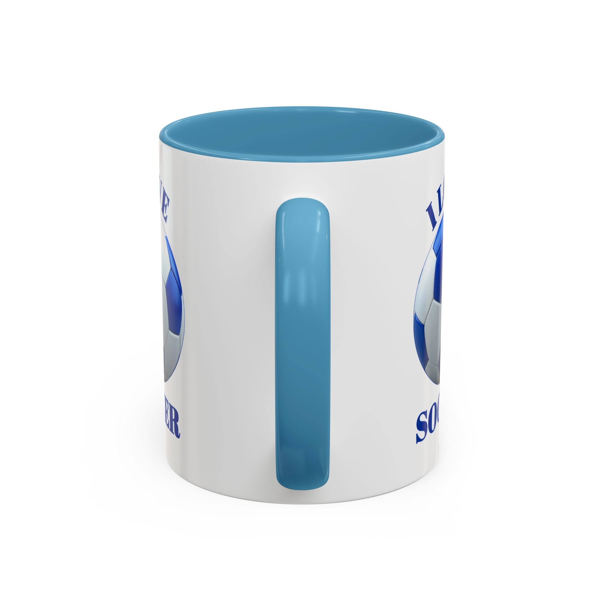 I Love Soccer Accent Coffee Mug — Blue Soccer Ball 11/15oz
