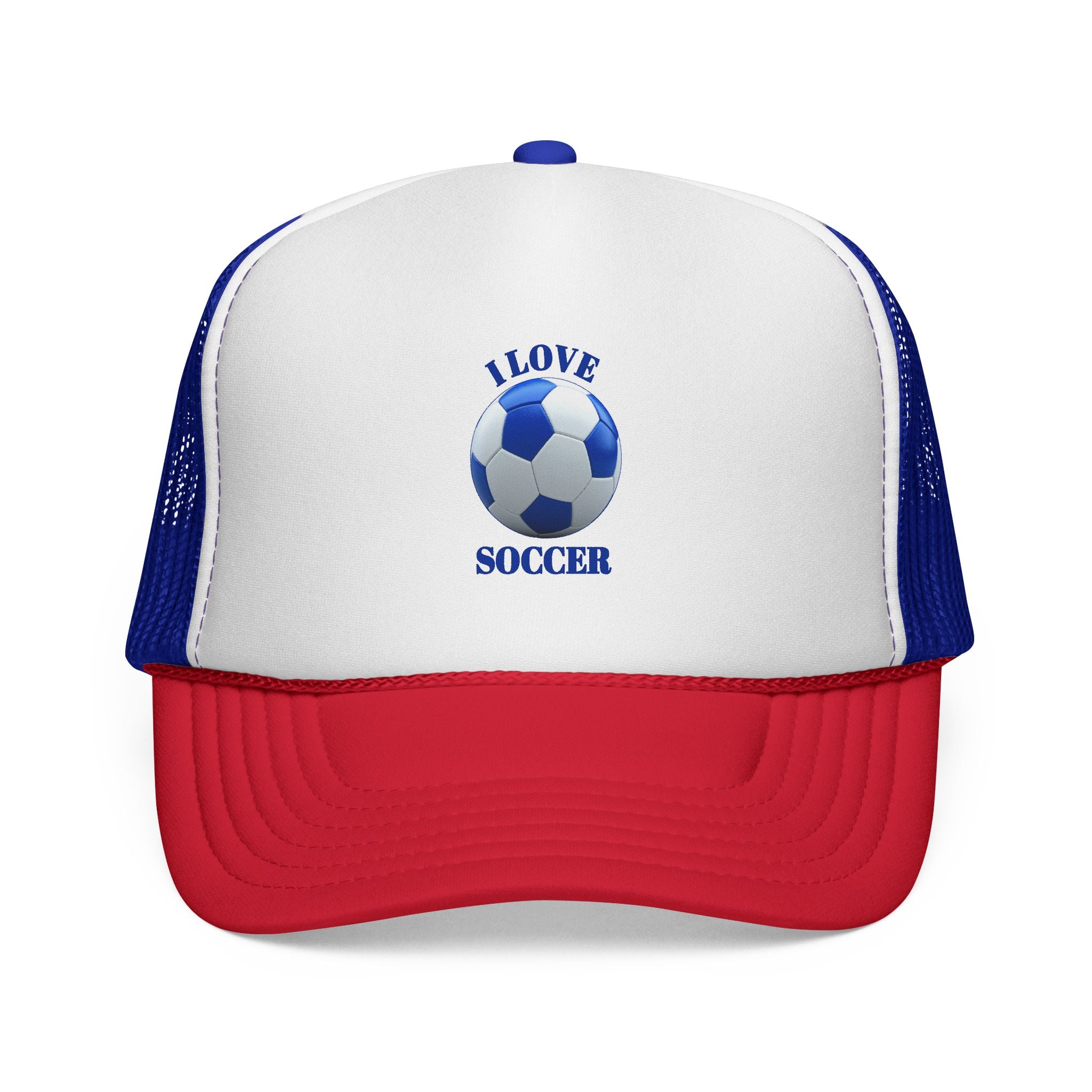 I Love Soccer Trucker Hat – Blue Soccer Ball Mesh Cap for Fans & Players