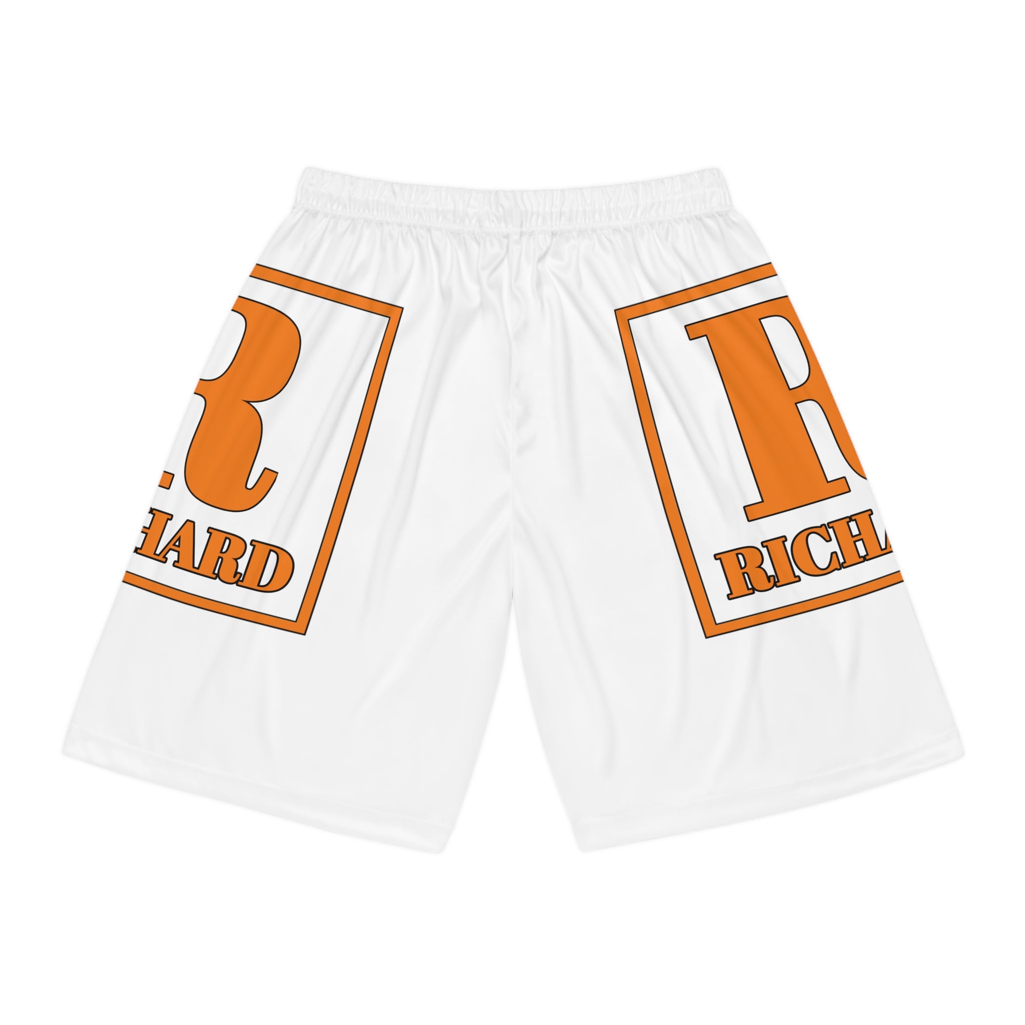 Richard Monogram Basketball Shorts — White & Orange All-Over Print