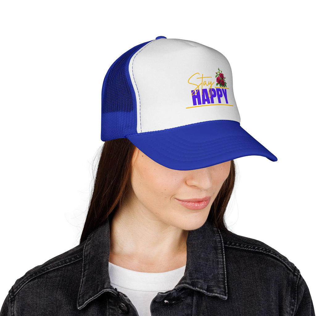 Stay Happy Trucker Hat — Floral Positive Vibe Cap