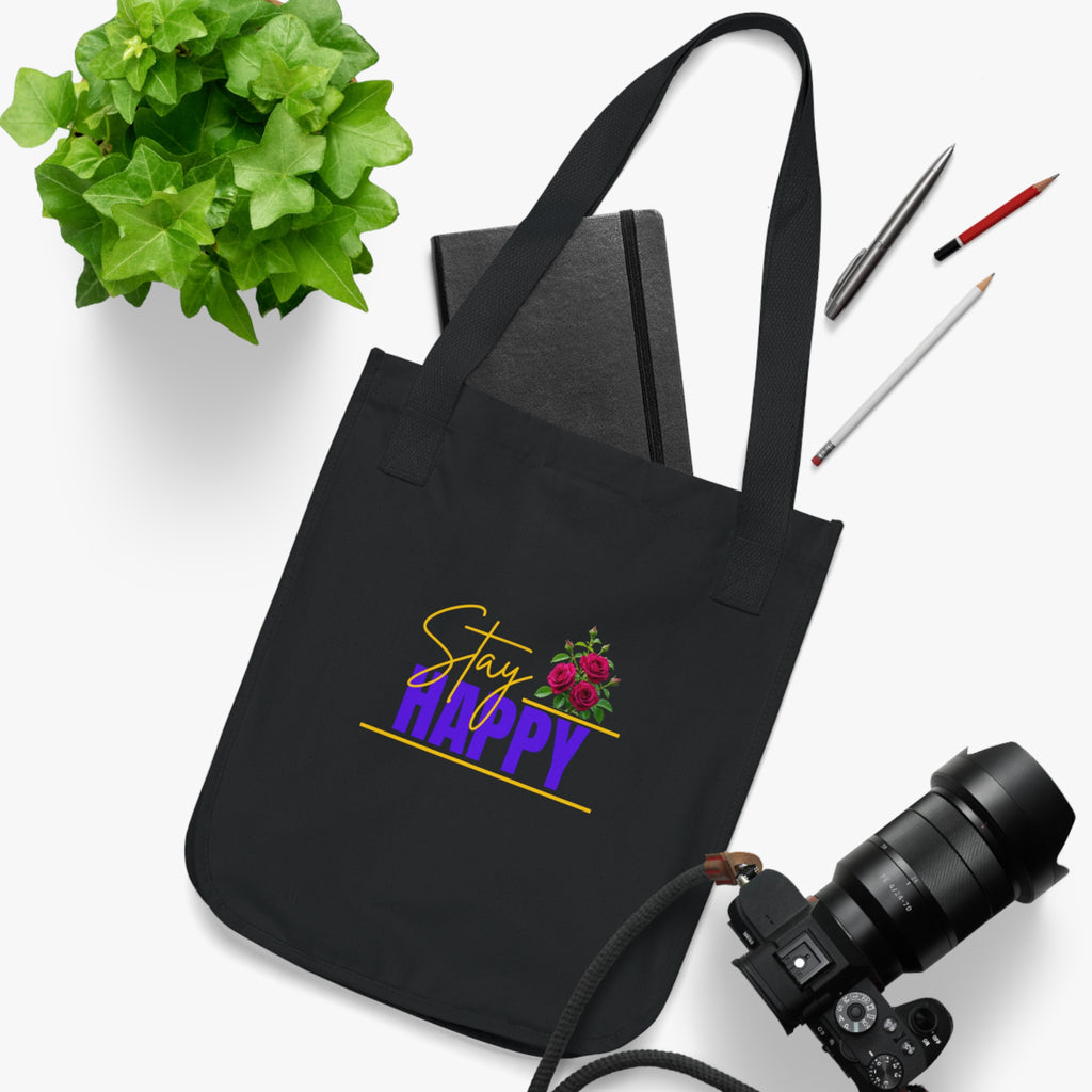 Stay Happy Floral Tote Bag – Positive Message Organic Canvas Tote