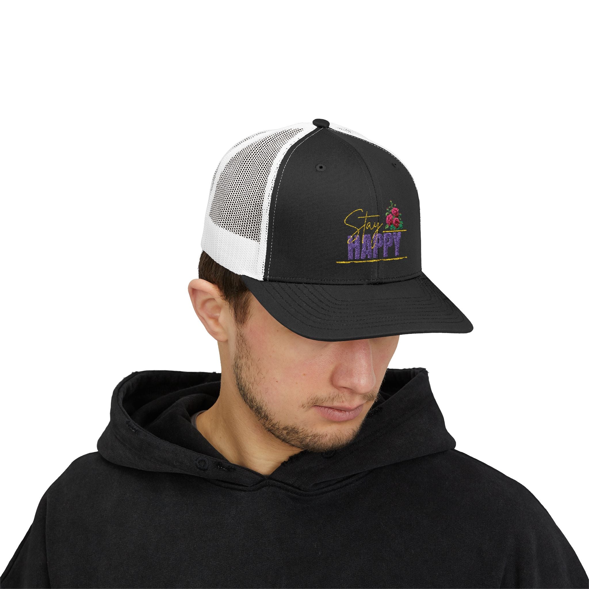 Trucker Cap — Be Happy Floral Embroidered Snapback