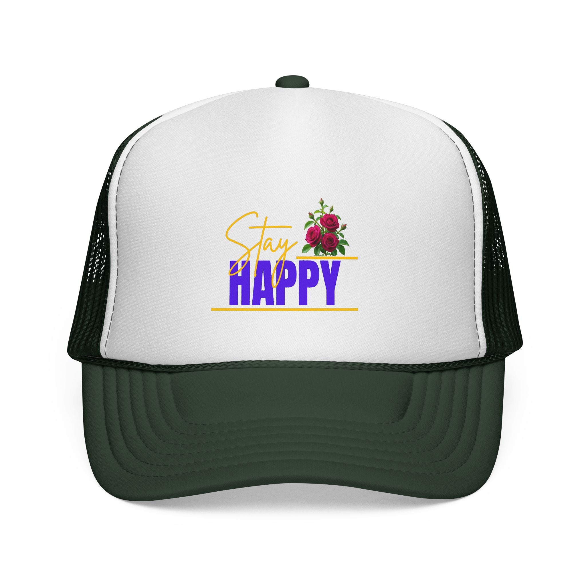 Stay Happy Trucker Hat — Floral Positive Vibe Cap