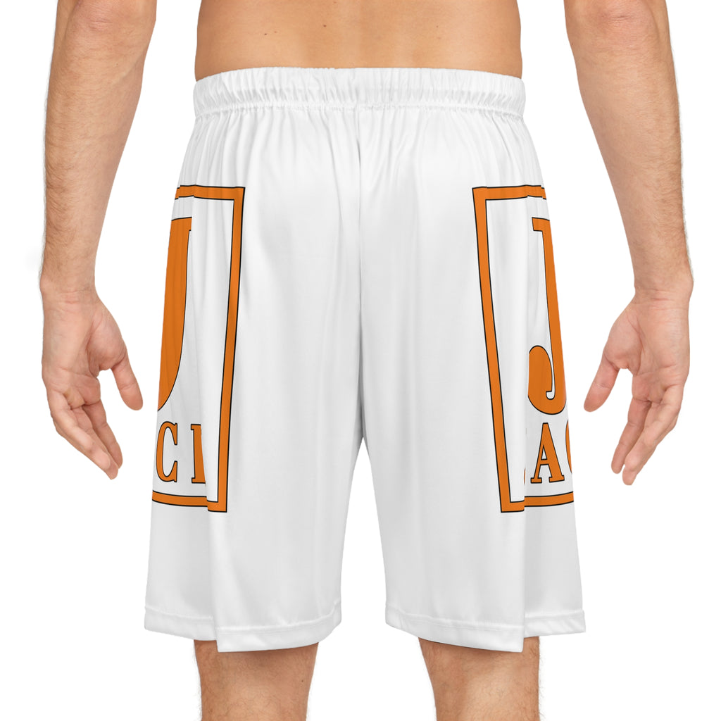 Basketball Shorts — White All-Over-Print with Orange 'Jack' Logo