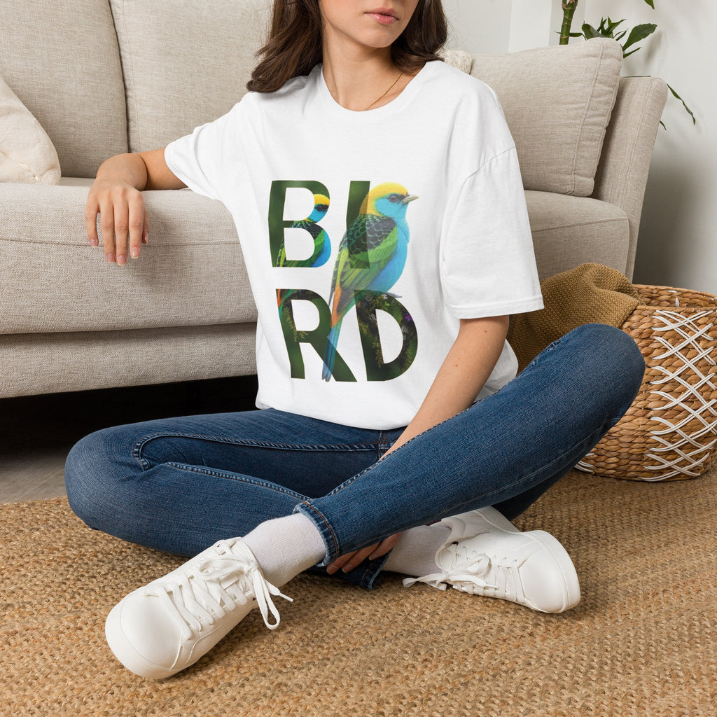 Bird Graphic T-Shirt — Colorful 'BIRD' Typography with Tropical Songbird