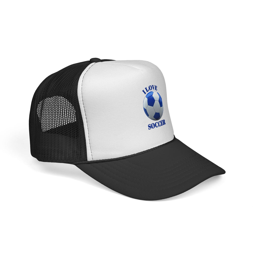 I Love Soccer Trucker Hat – Blue Soccer Ball Mesh Cap for Fans & Players