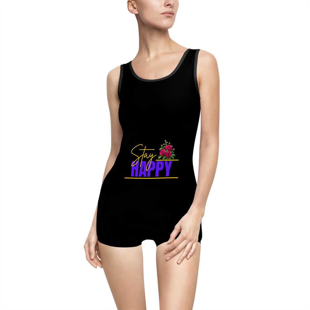 Vintage "Stay Happy" Women's Swimsuit — Retro Floral One-Piece