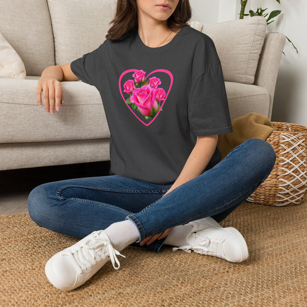 T-Shirt — Pink Rose Heart Floral Tee (Valentine’s Day, Romantic Gift)