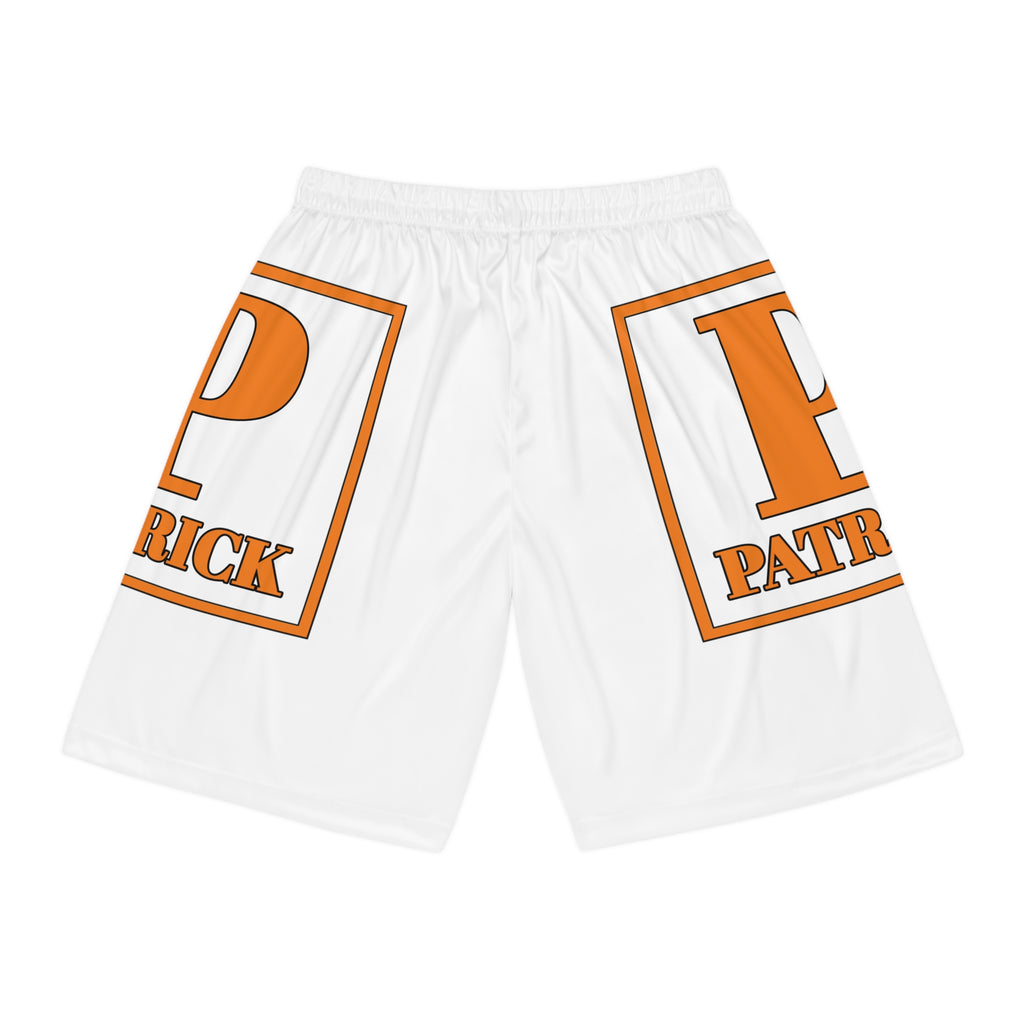 Patrick Basketball Shorts — Orange Logo All-Over Print Athletic Shorts