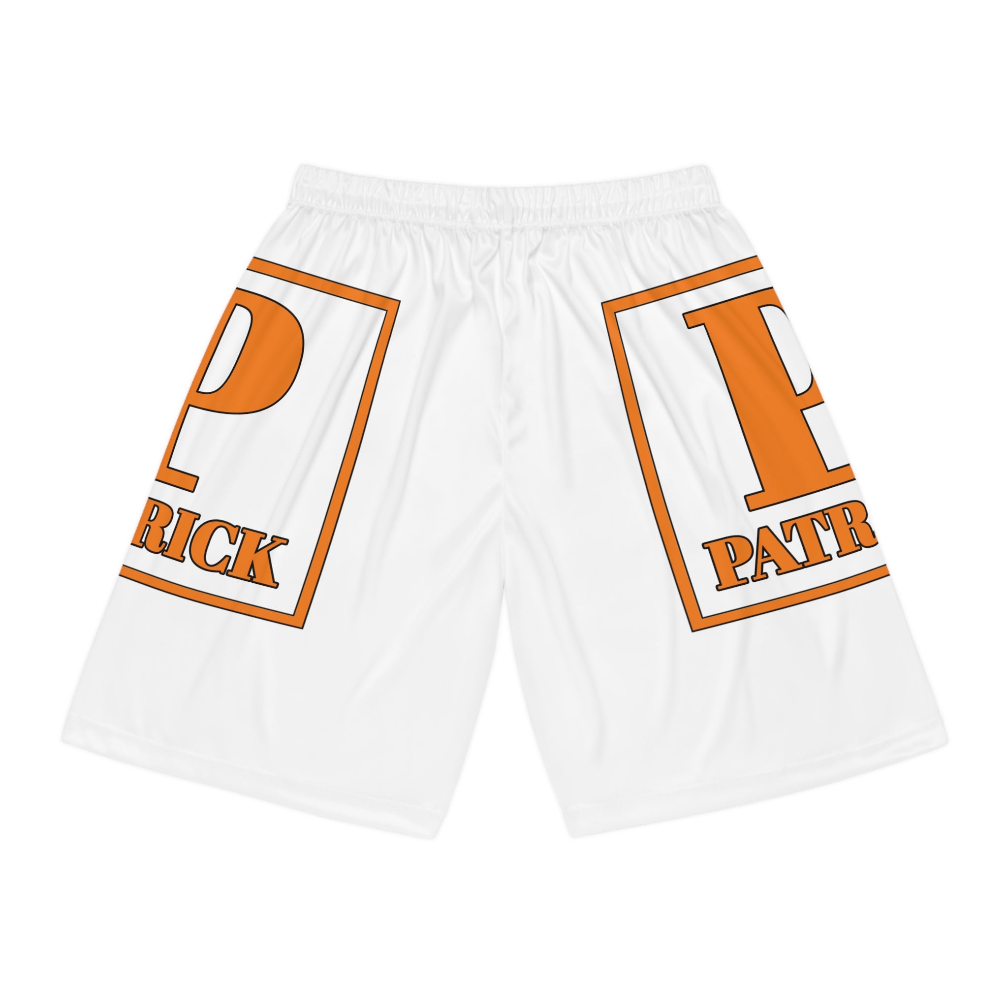 Patrick Basketball Shorts — Orange Logo All-Over Print Athletic Shorts