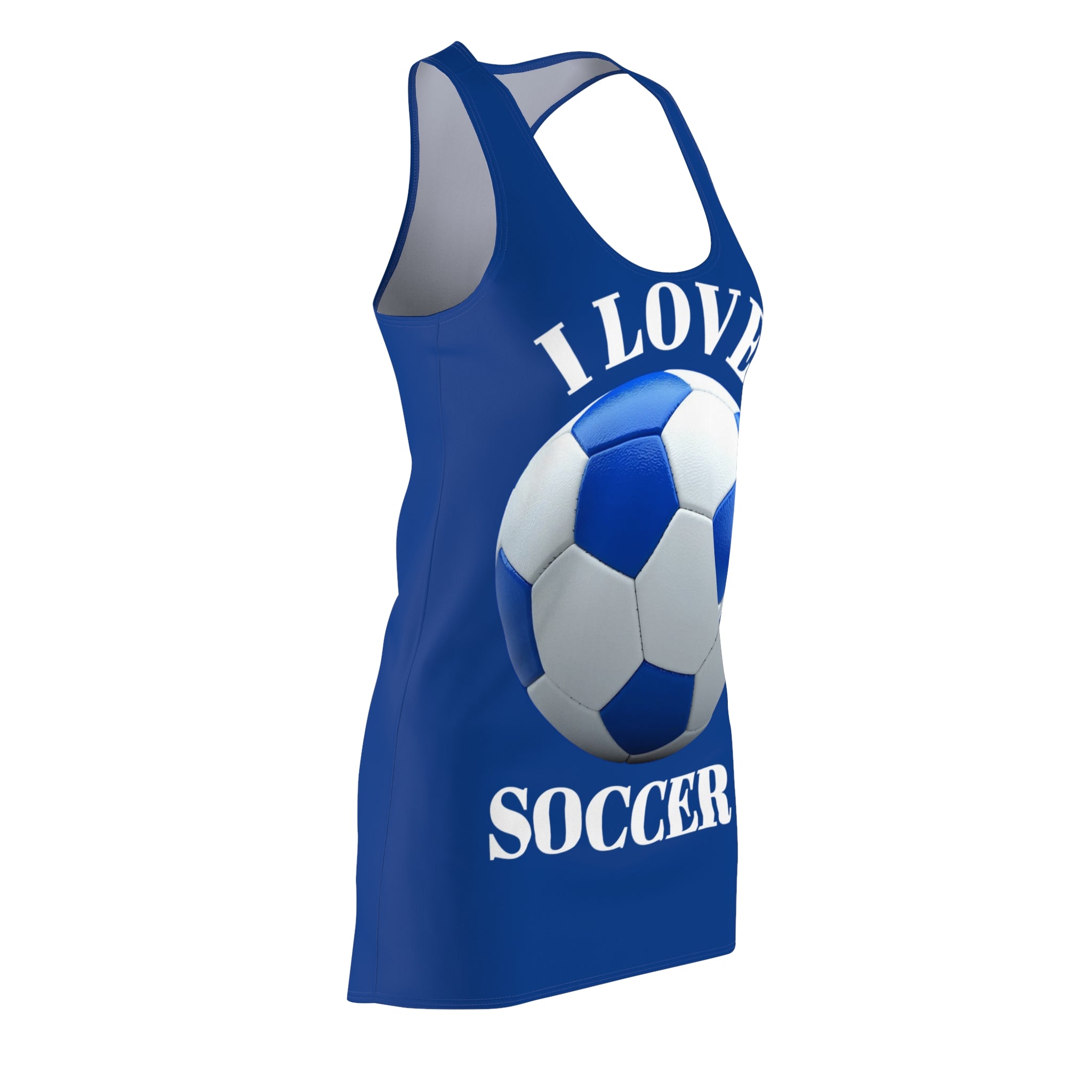 I Love Soccer Racerback Dress — Women's Blue Soccer Graphic Dress