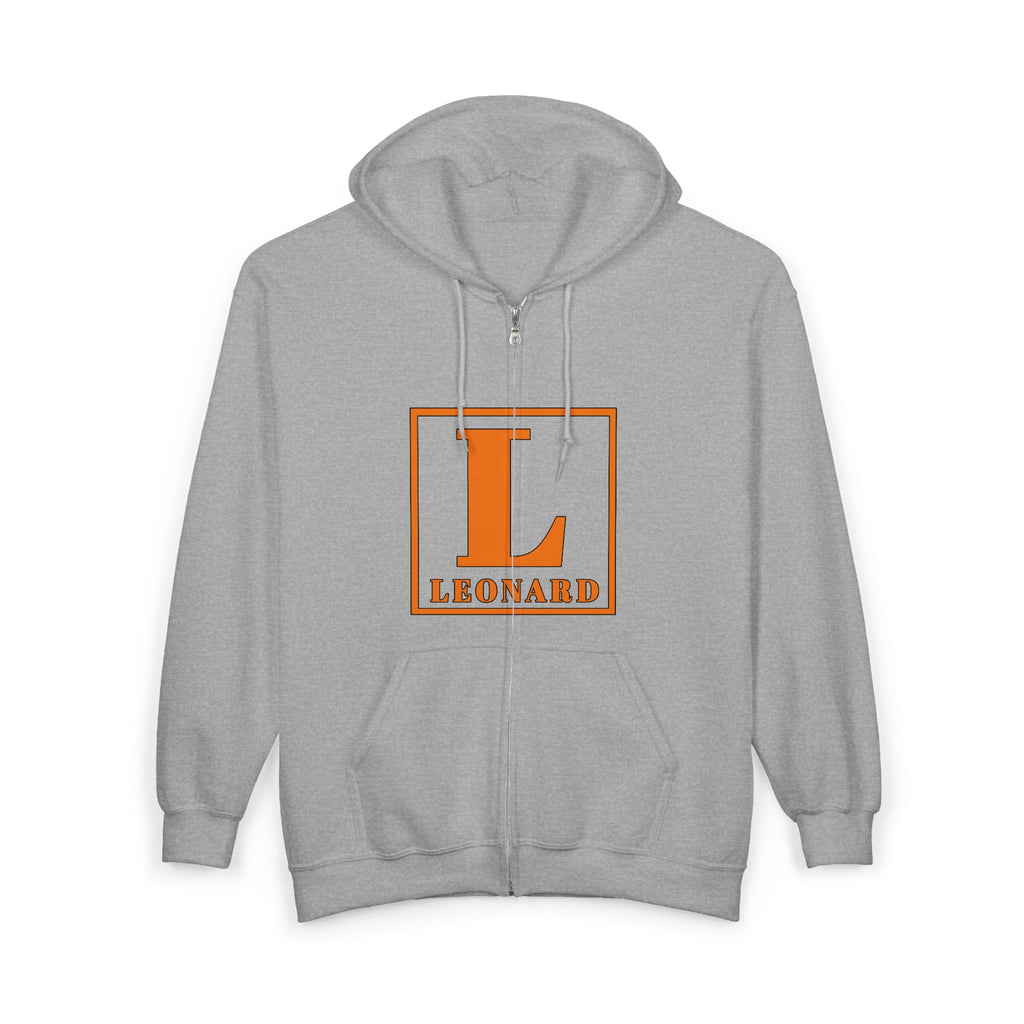Leonard Initials Zip Hoodie — Orange Block Letter L Full‑Zip Sweatshirt