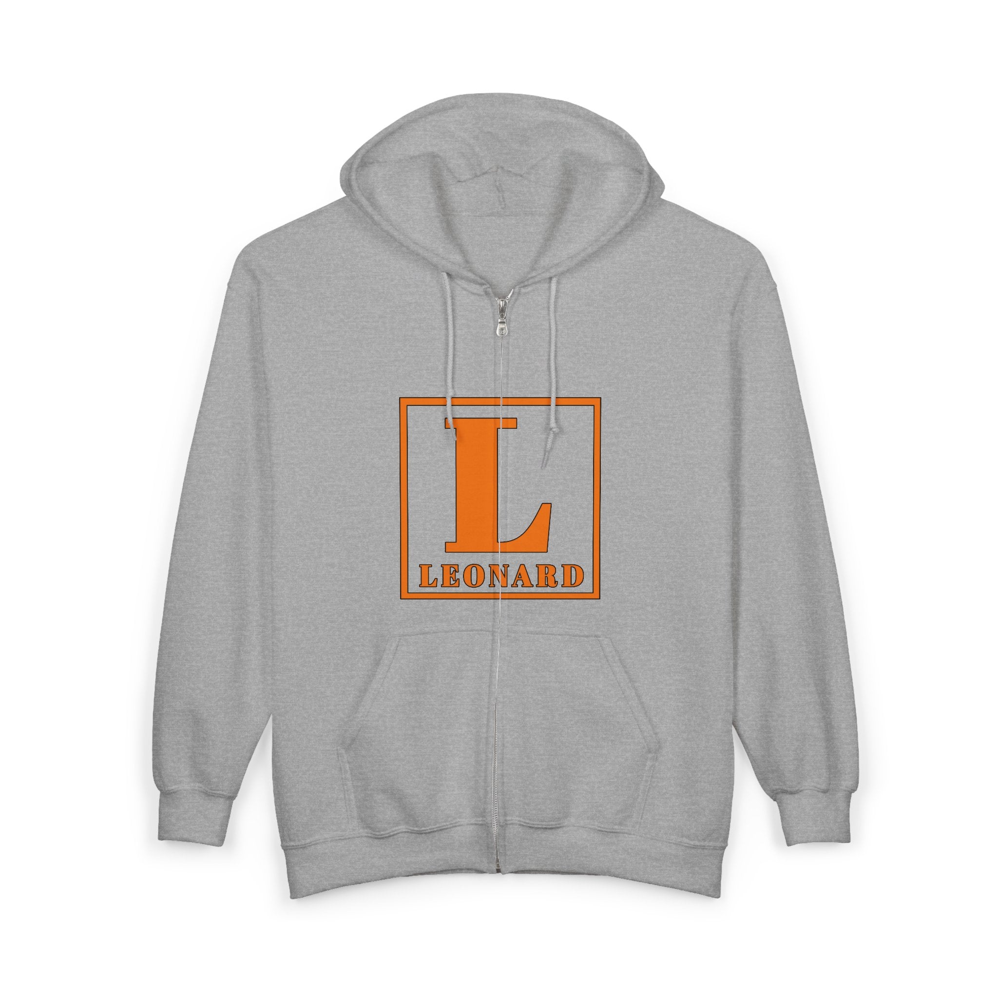 Leonard Initials Zip Hoodie — Orange Block Letter L Full‑Zip Sweatshirt