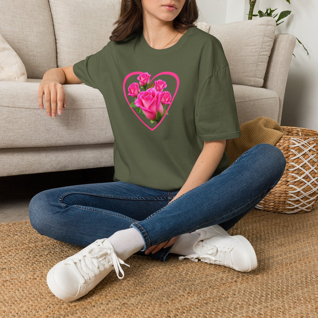T-Shirt — Pink Rose Heart Floral Tee (Valentine’s Day, Romantic Gift)