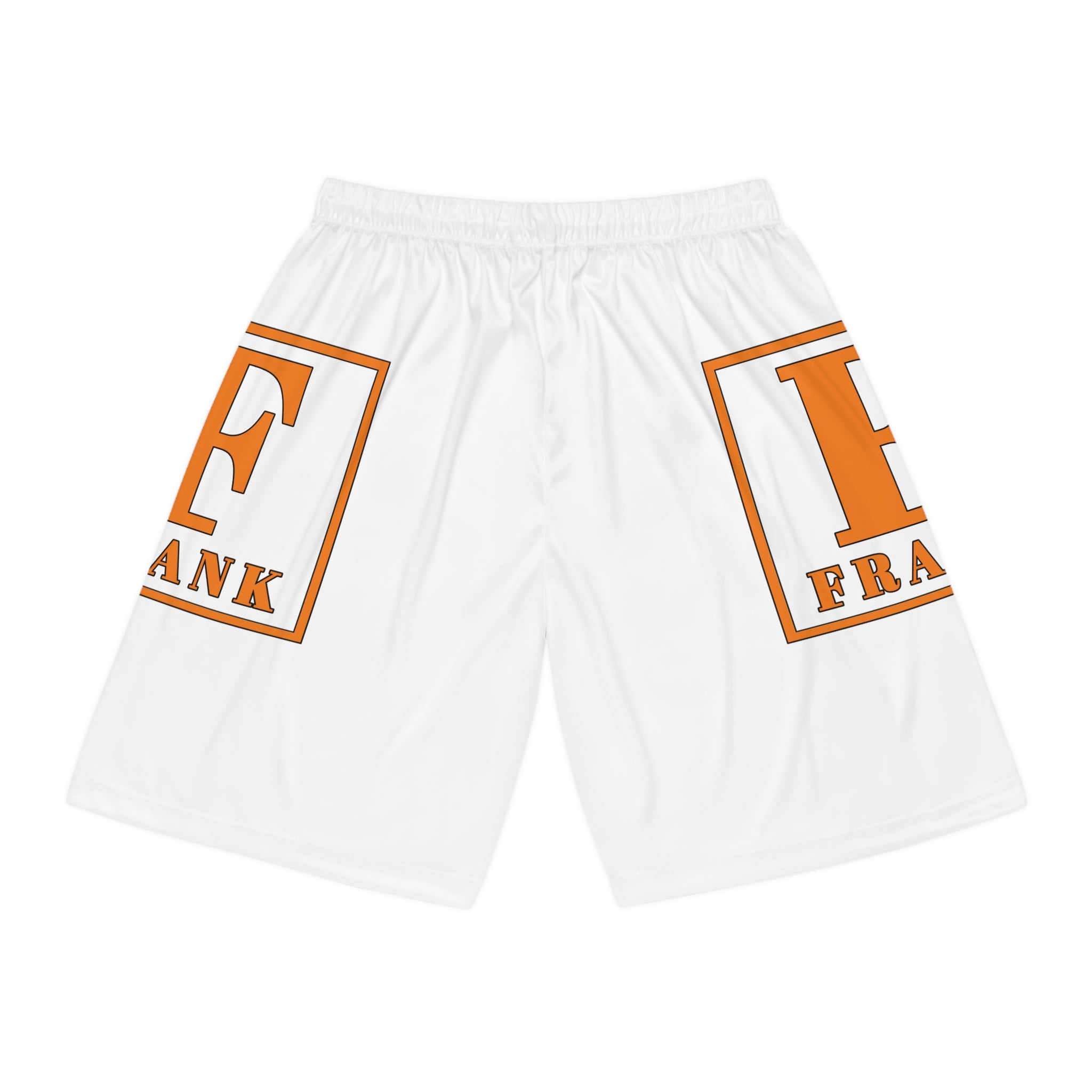 Basketball Shorts — White All-Over-Print with Orange 'F' Frame Logo
