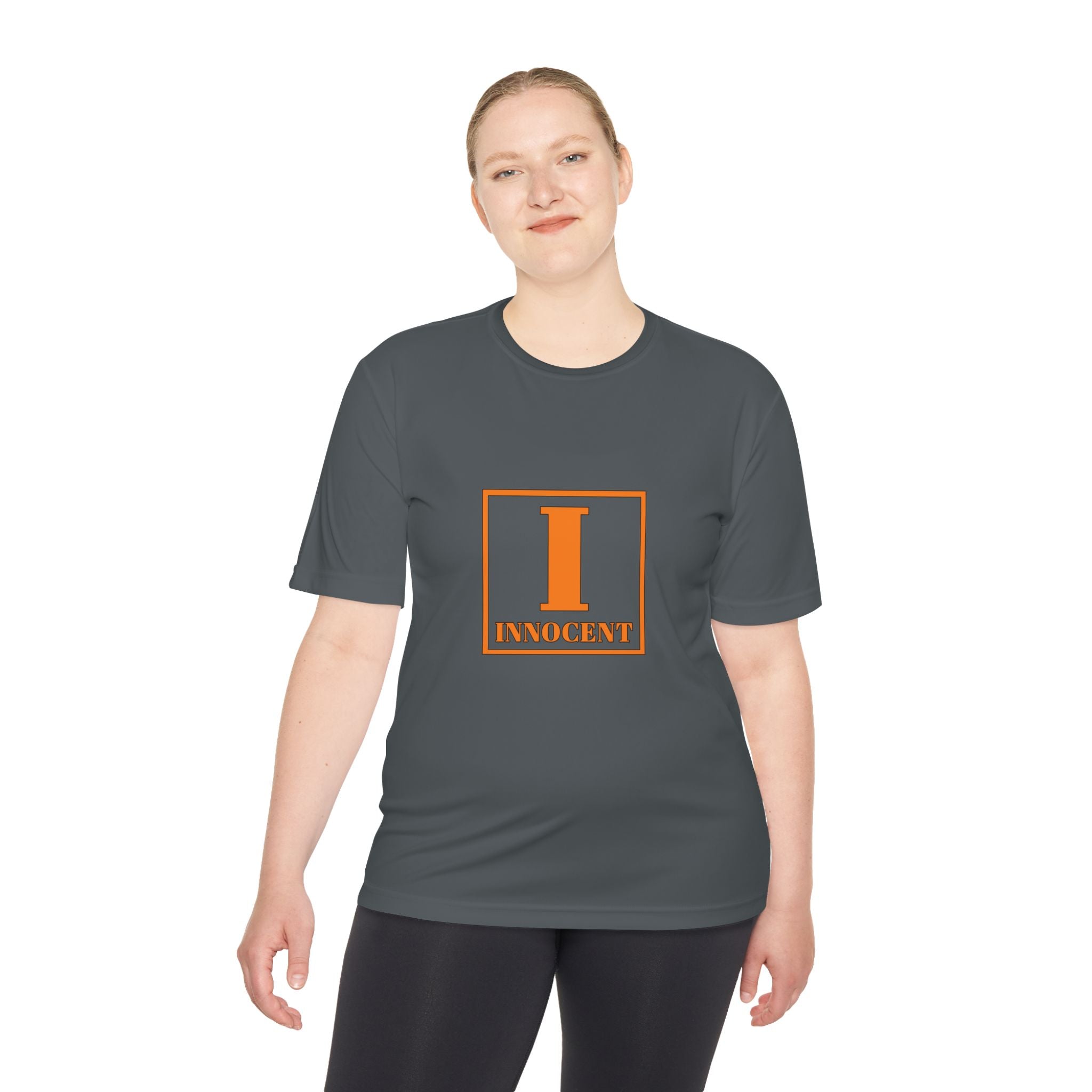 Innocent Block Letter Tee — Orange 'I' Graphic Moisture-Wicking Shirt