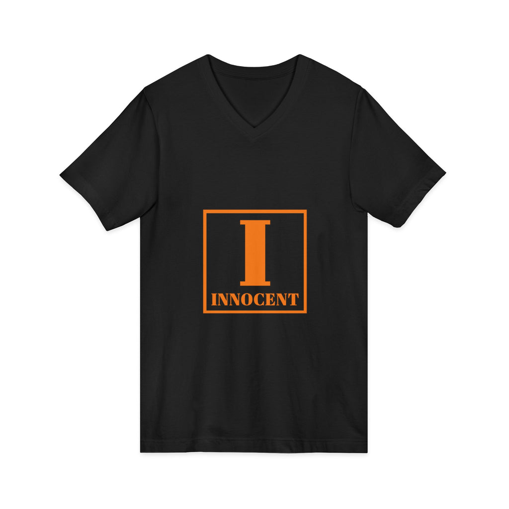 Innocent Graphic V-Neck Tee — Bold Orange 'I Innocent' Square Design