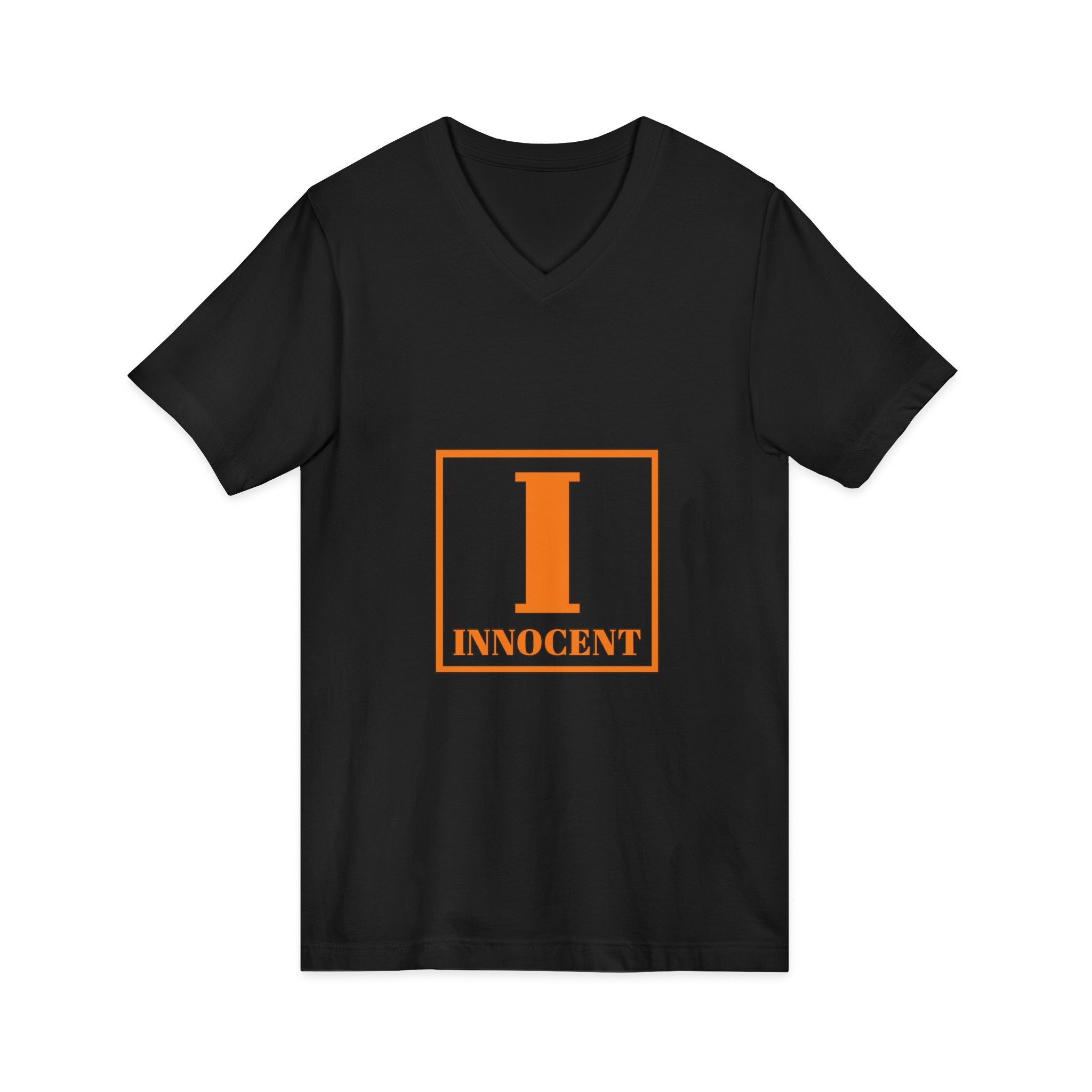Innocent Graphic V-Neck Tee — Bold Orange 'I Innocent' Square Design