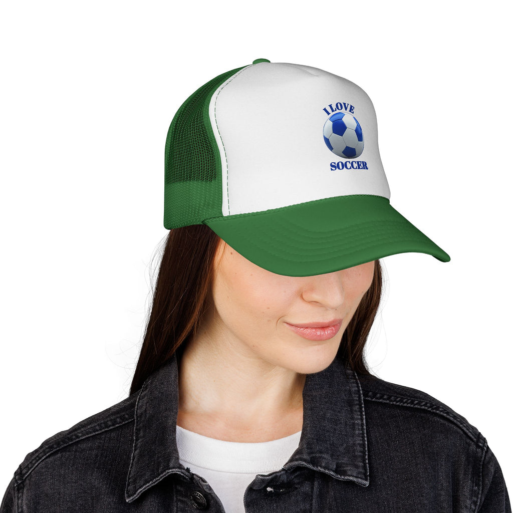I Love Soccer Trucker Hat – Blue Soccer Ball Mesh Cap for Fans & Players