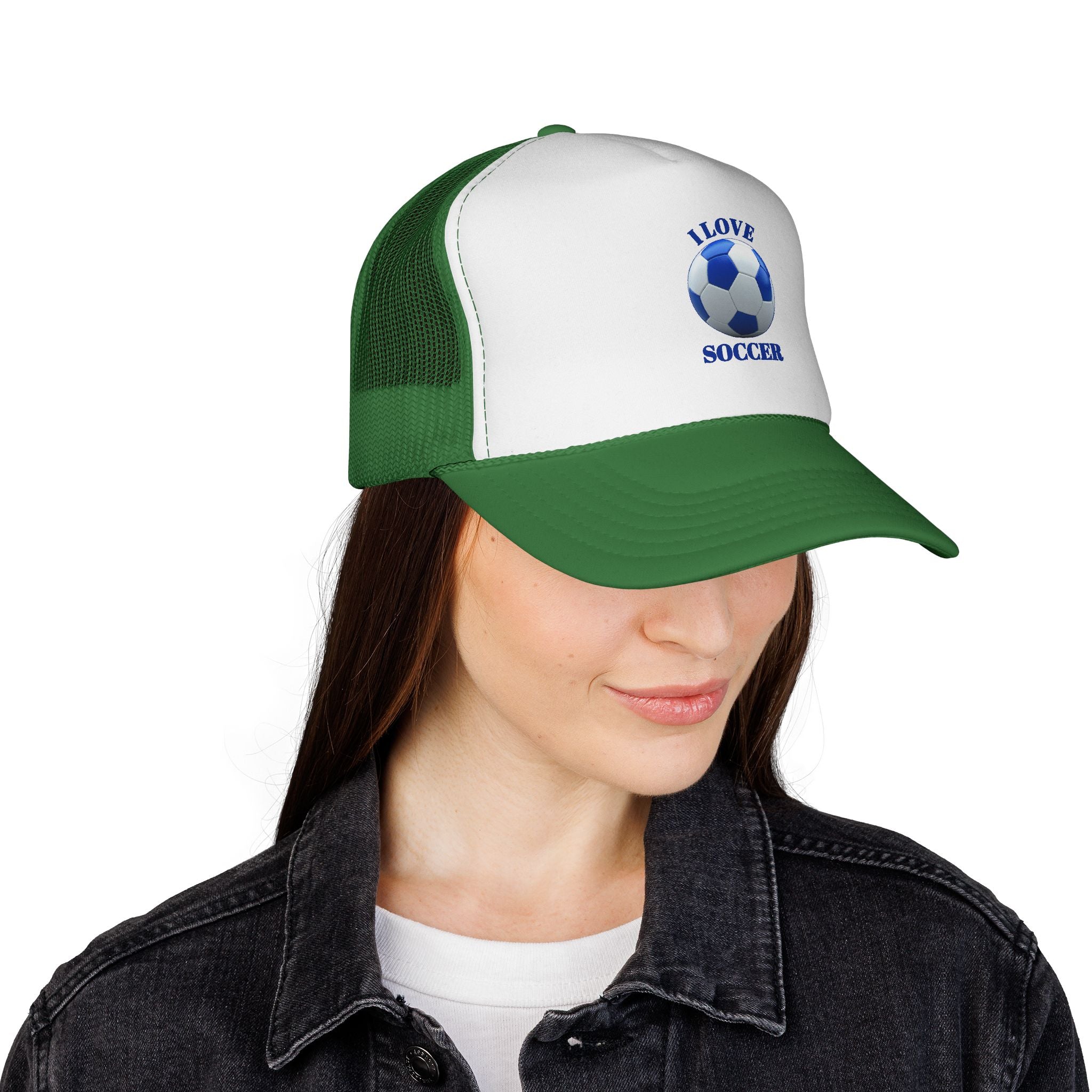 I Love Soccer Trucker Hat – Blue Soccer Ball Mesh Cap for Fans & Players