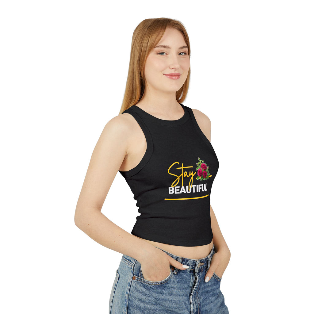 Stay Beautiful Floral Racer Tank Top — Women’s Cropped Micro Rib Tank