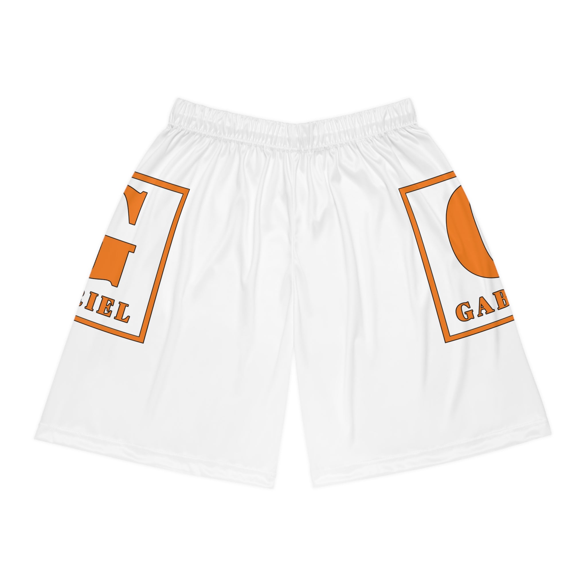 Custom Name Basketball Shorts — White AOP Shorts with Orange 'GABRIEL' Side Logo