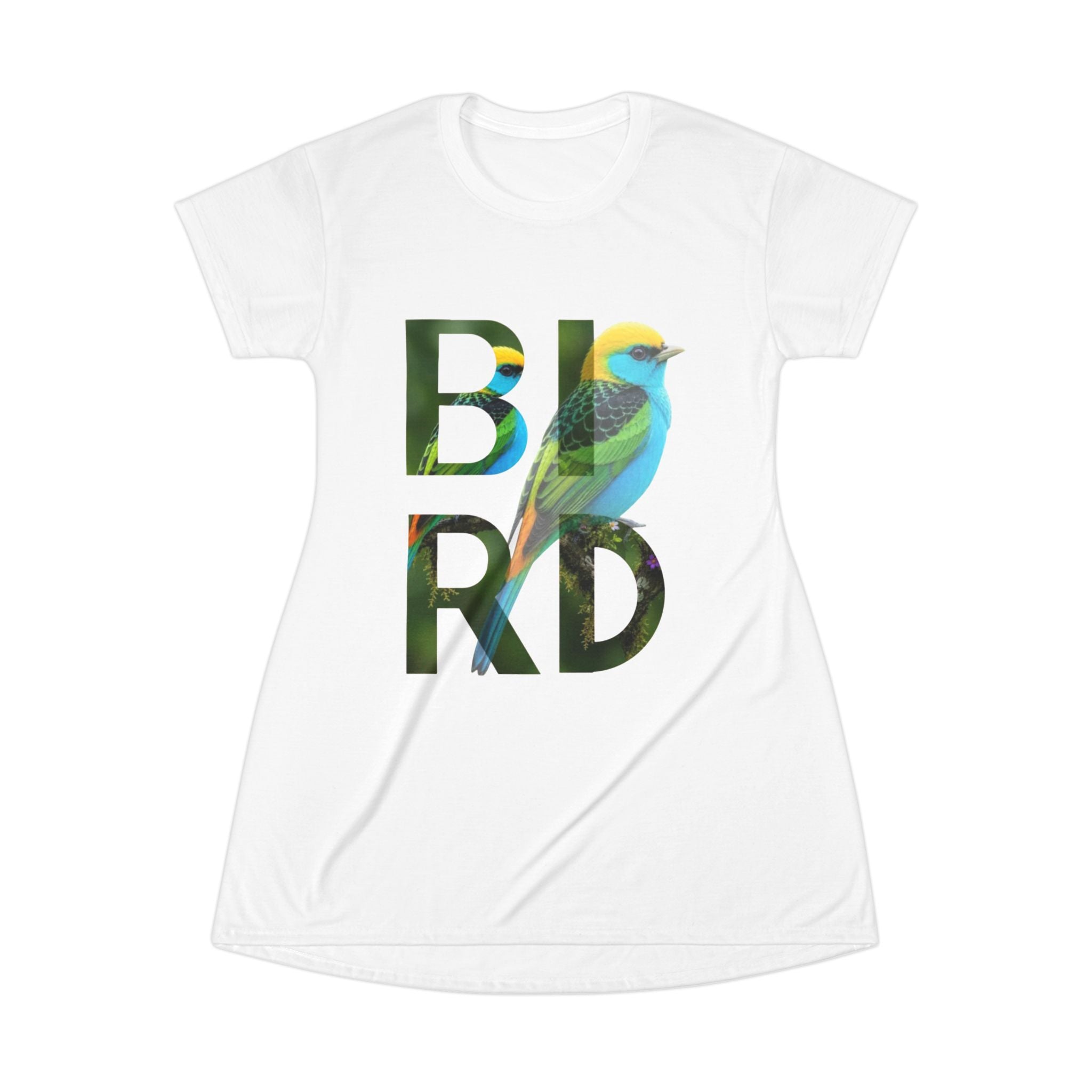 Bird Graphic T‑Shirt Dress — Colorful Nature Typography